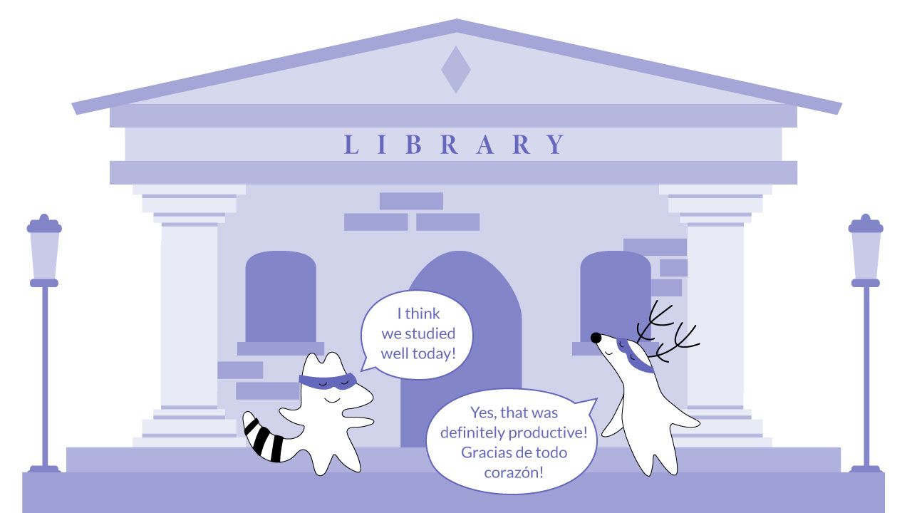 Characters leaving the library together