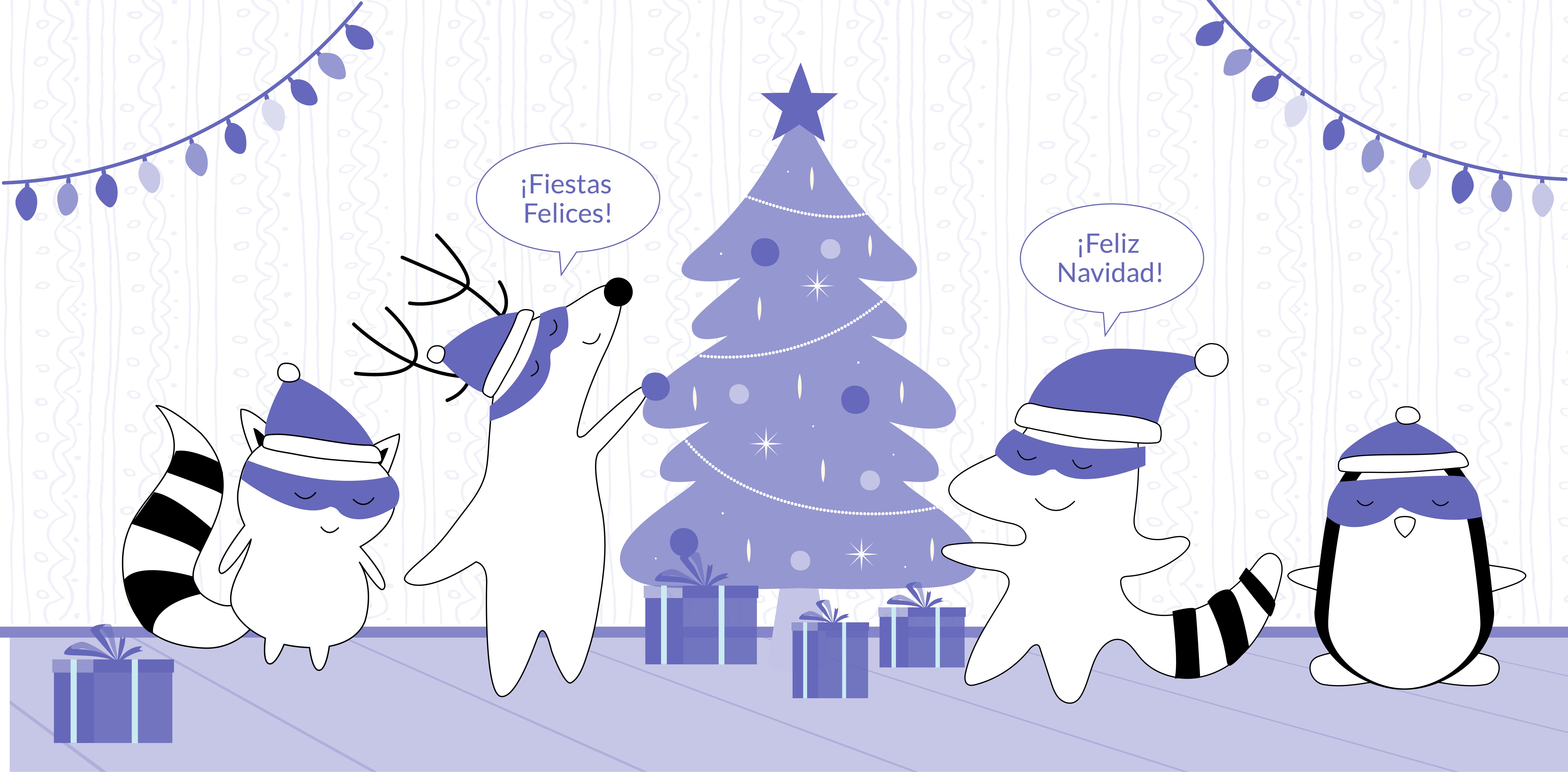 Iggy and Soren are decorating a Christmas tree when Pocky and Benji arrive. They greet them with ¡Feliz Navidad! and ¡Fiestas Felices!