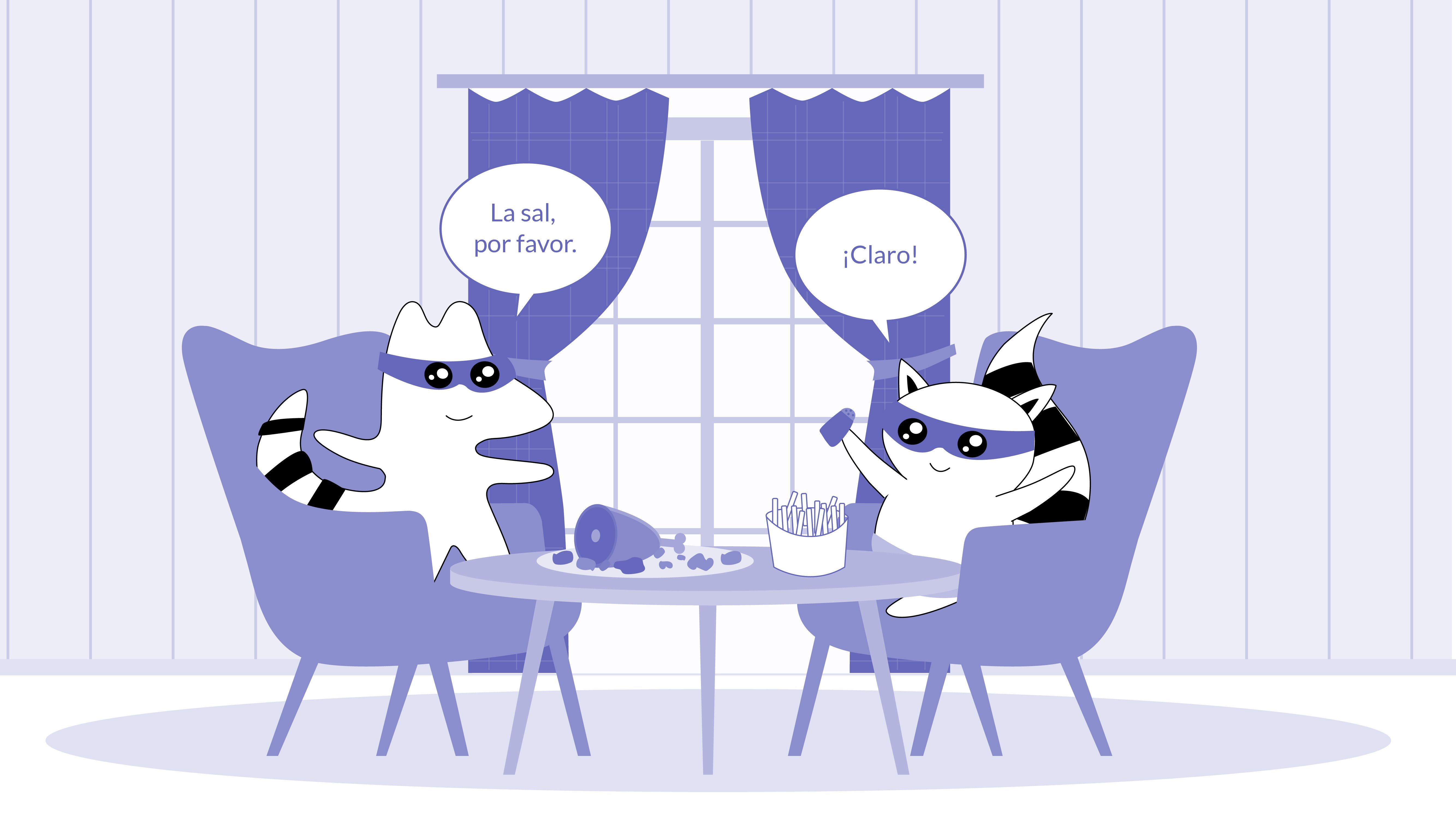 Benji and Soren sitting at a table, having lunch. Soren says “la sal, por favor” and Benji says “¡claro!”