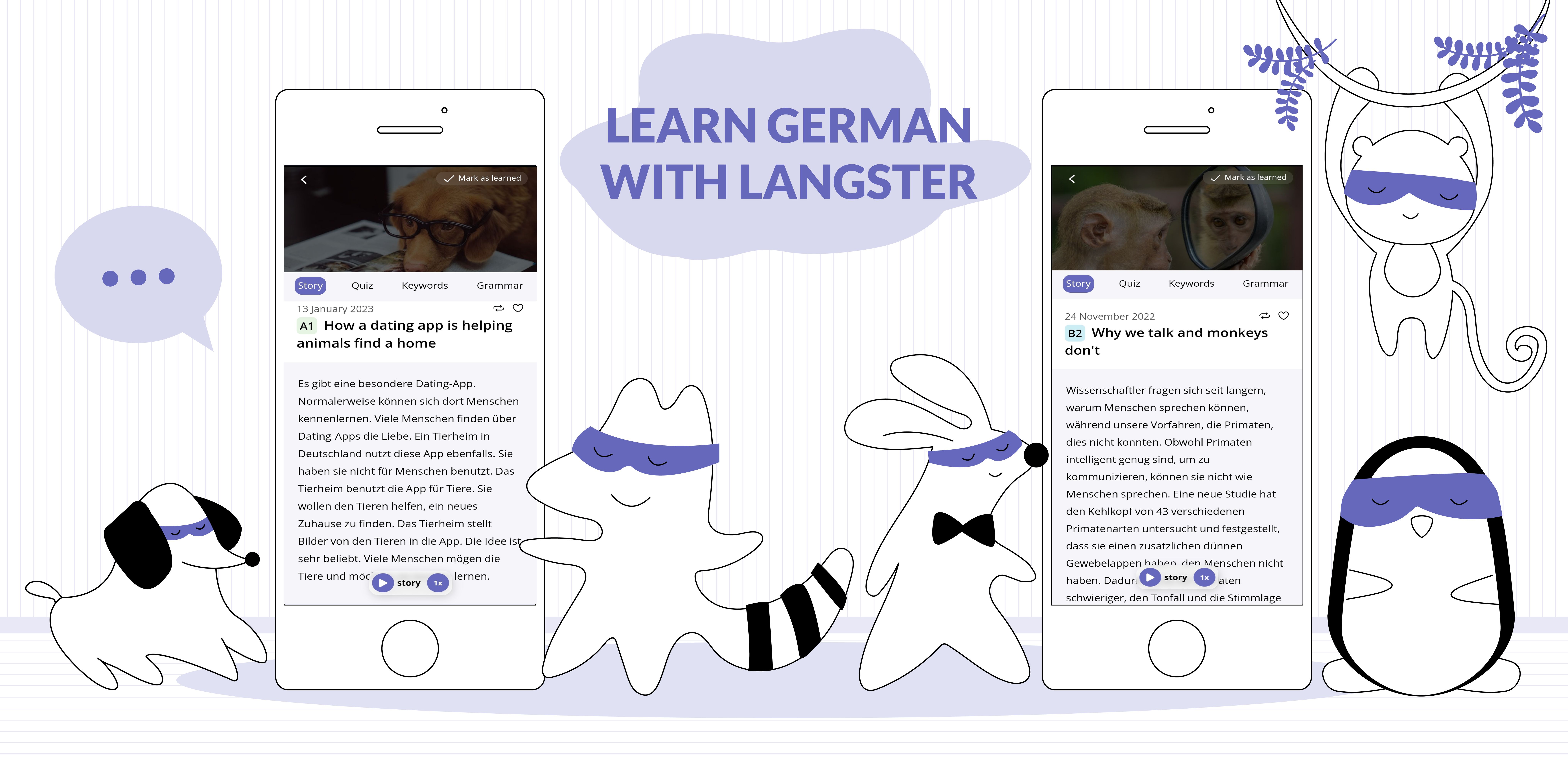 Several characters learning German with their smartphones