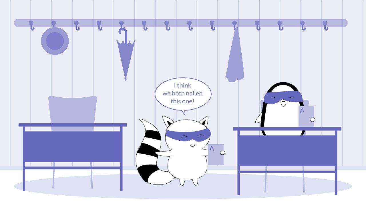 Characters looking at their test results, they both got