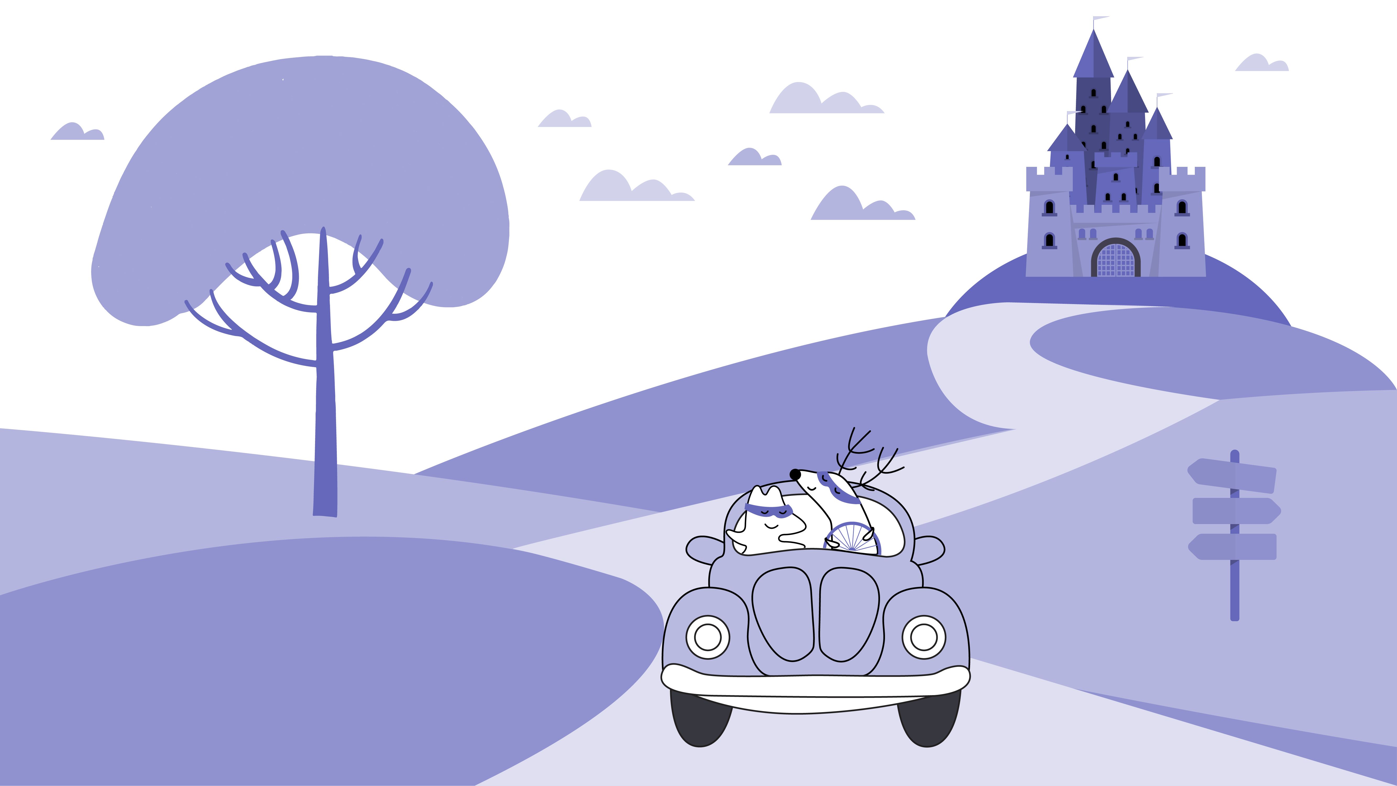 Iggy and Soren are driving the Volkswagen Beetle, riding along the Romantic Road in Germany (can be shown as a road with a castle in the distance).
