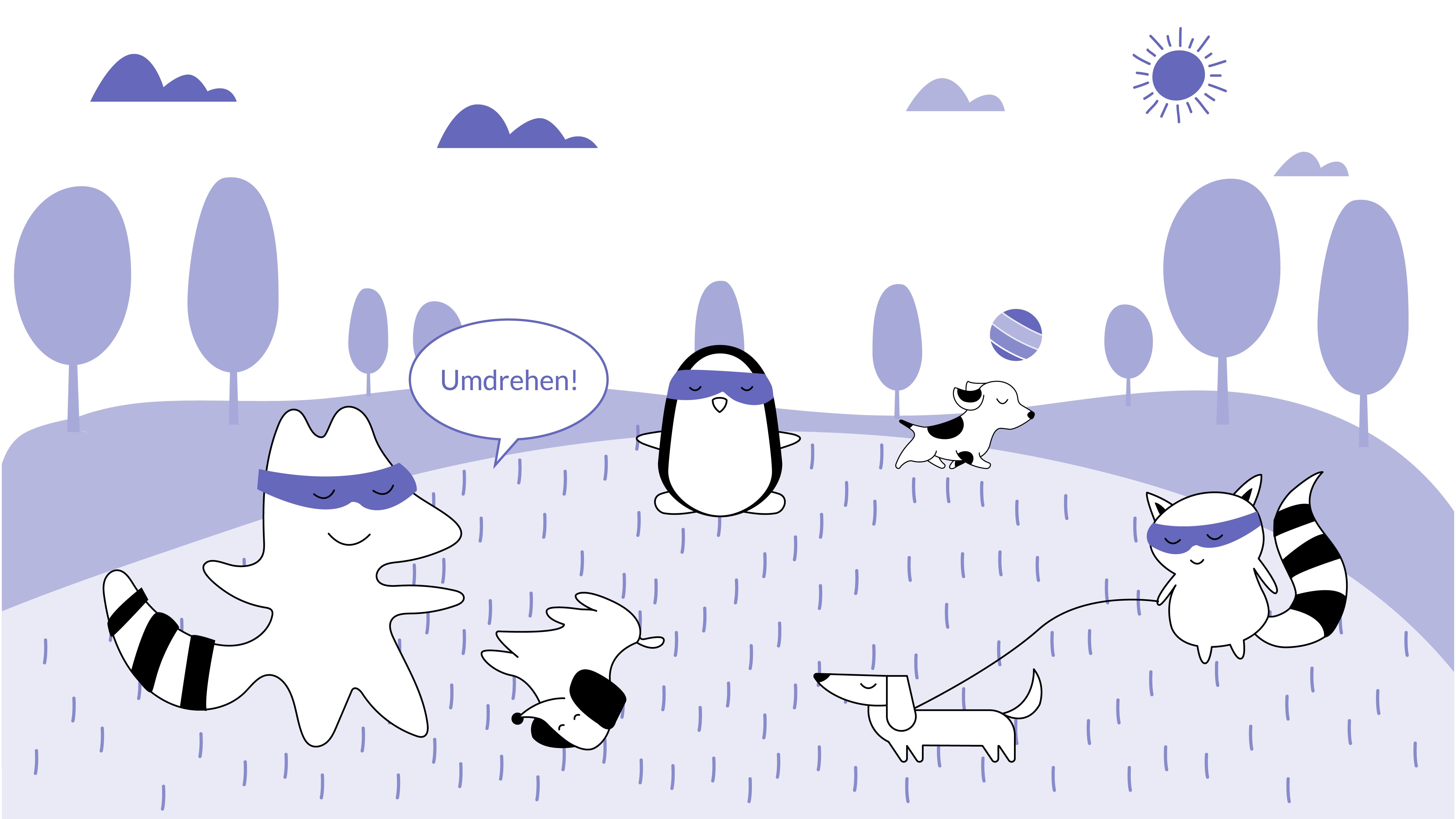 Iggy says to her dog, “Umdrehen!” and it starts rolling over on the grass in the park. We can see others with their dogs playing on the field as well.