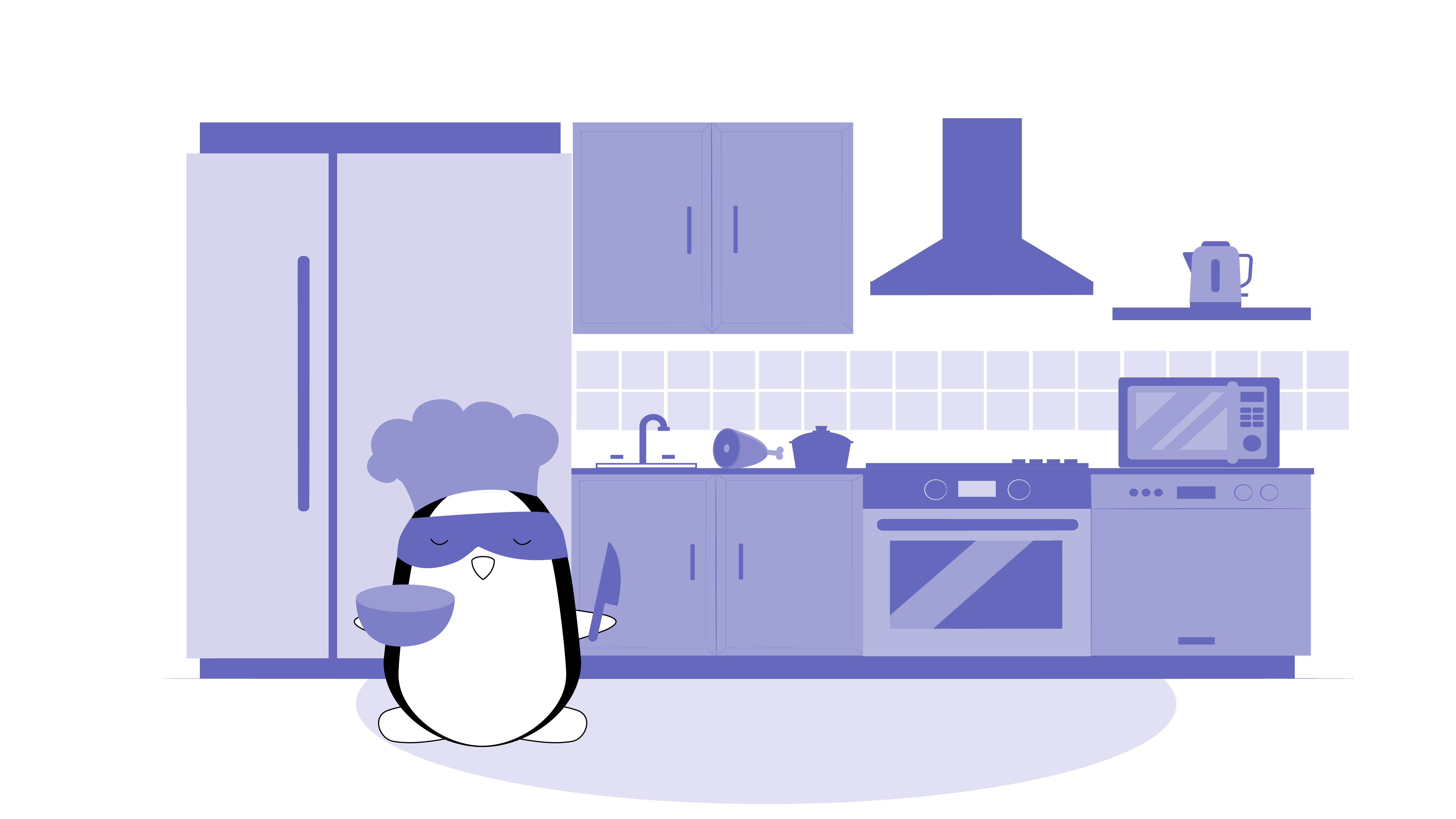 Pocky cooking, surrounded by vegetables and cutting meat to prepare a stew.