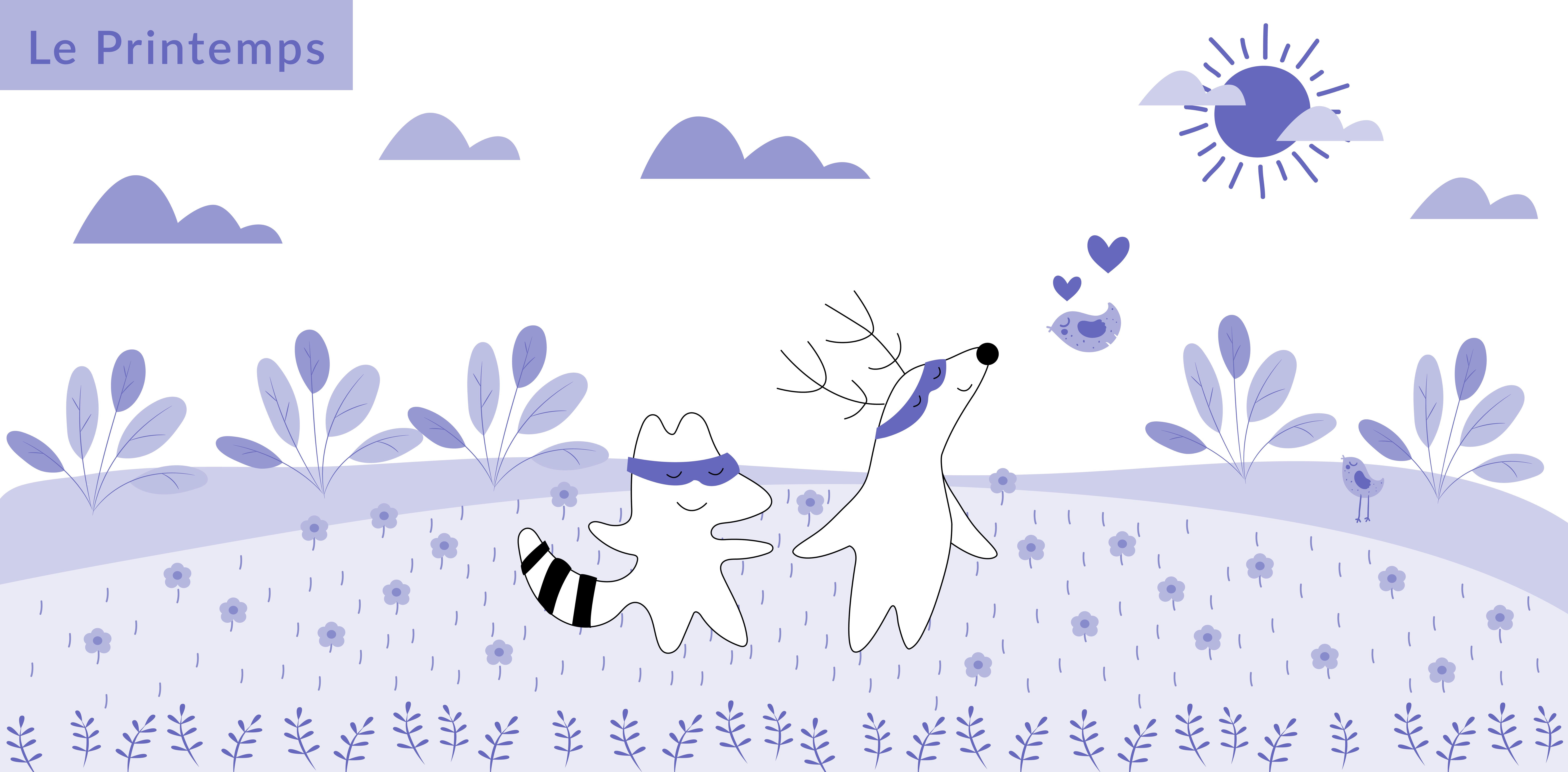 Soren and Iggy are walking in the botanical gardens filled with vibrant blooming flowers. There is “Le Printemps” written in the high right corner.