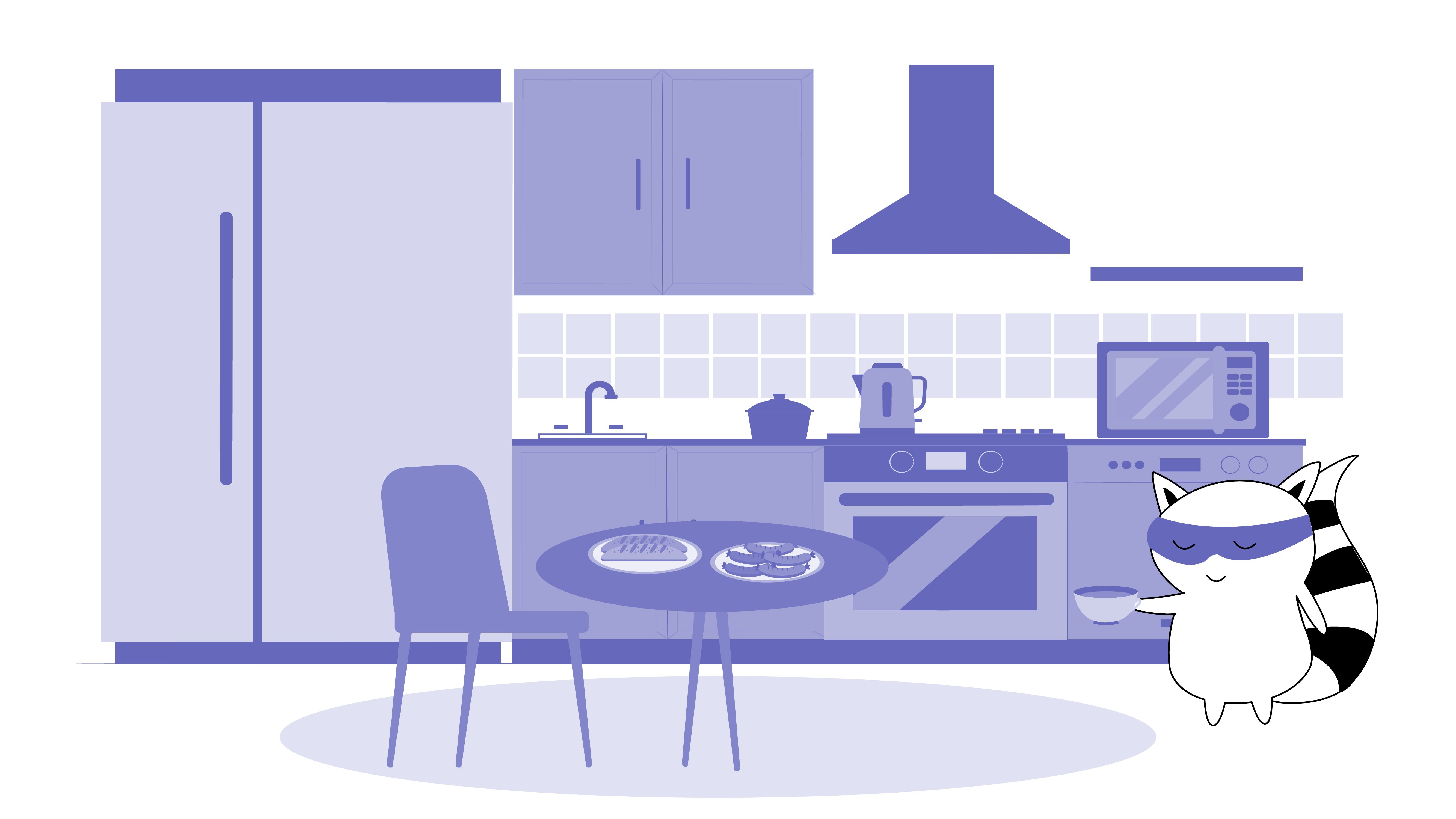 Benji is eating and drinking at home.