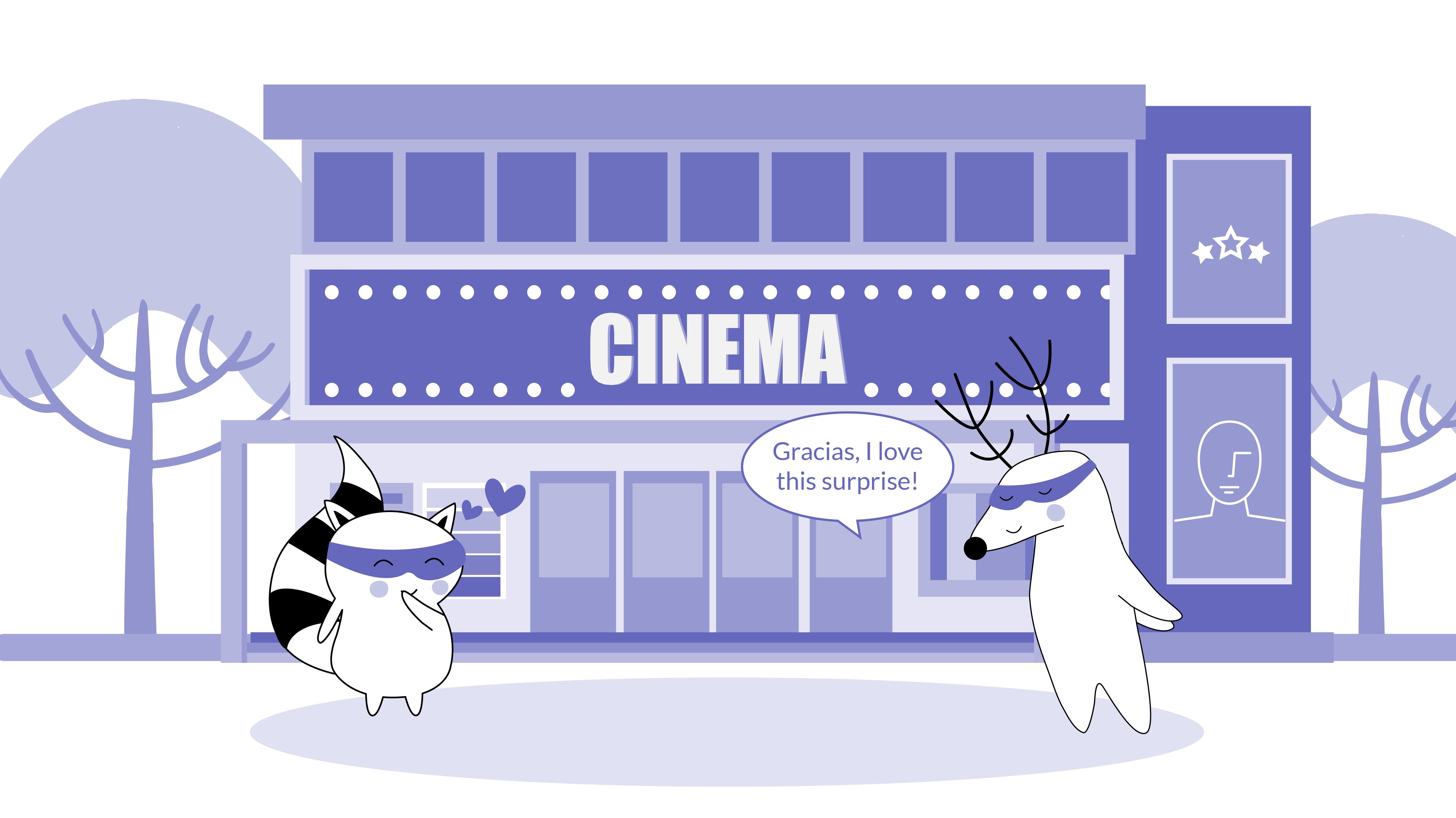 Iggy and Soren are at the cinema, Iggy says “Gracias, I love this surprise.”