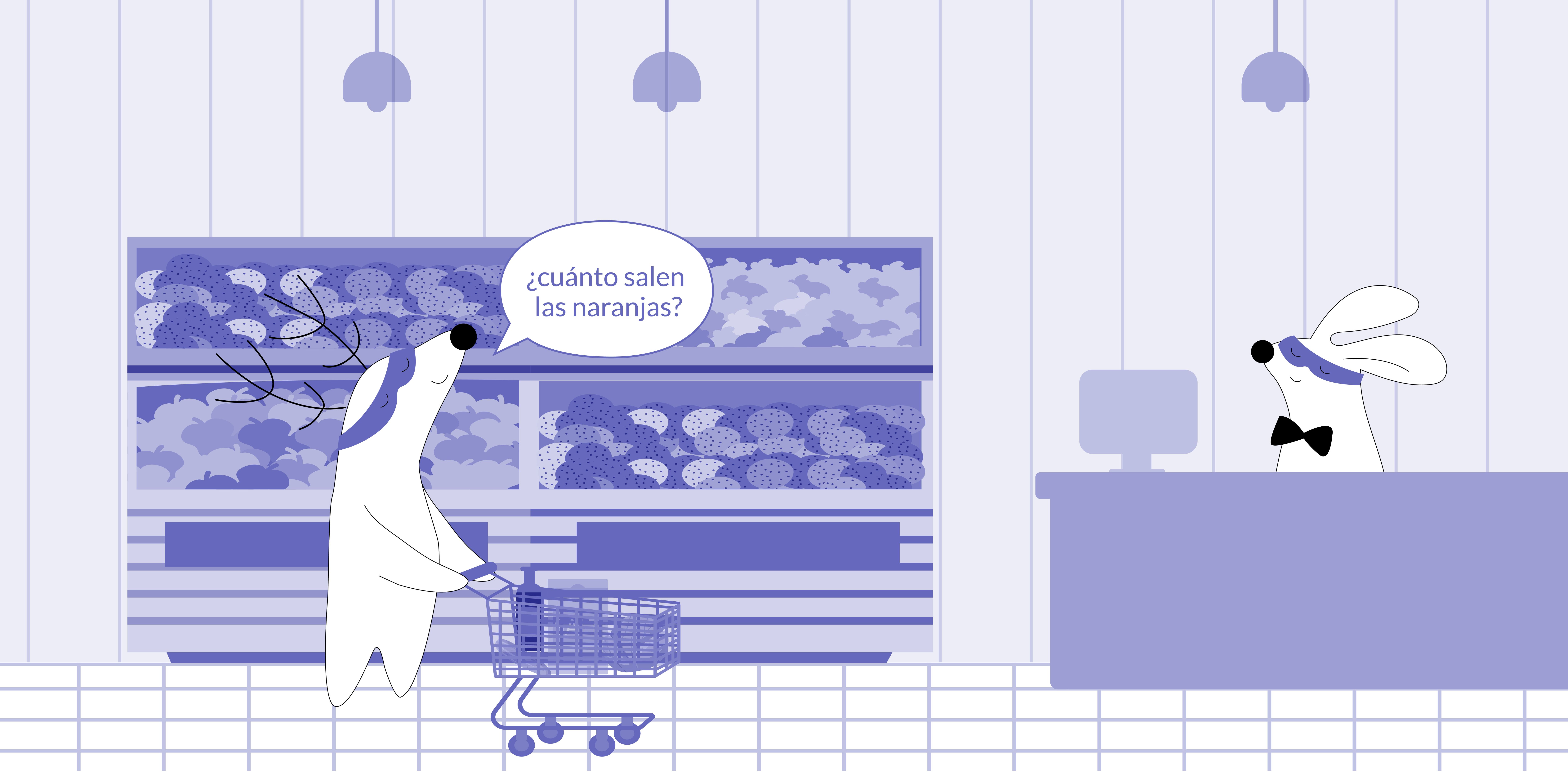 Soren at the grocery store, buying oranges and asking the clerk, “¿Cuánto salen las naranjas?”