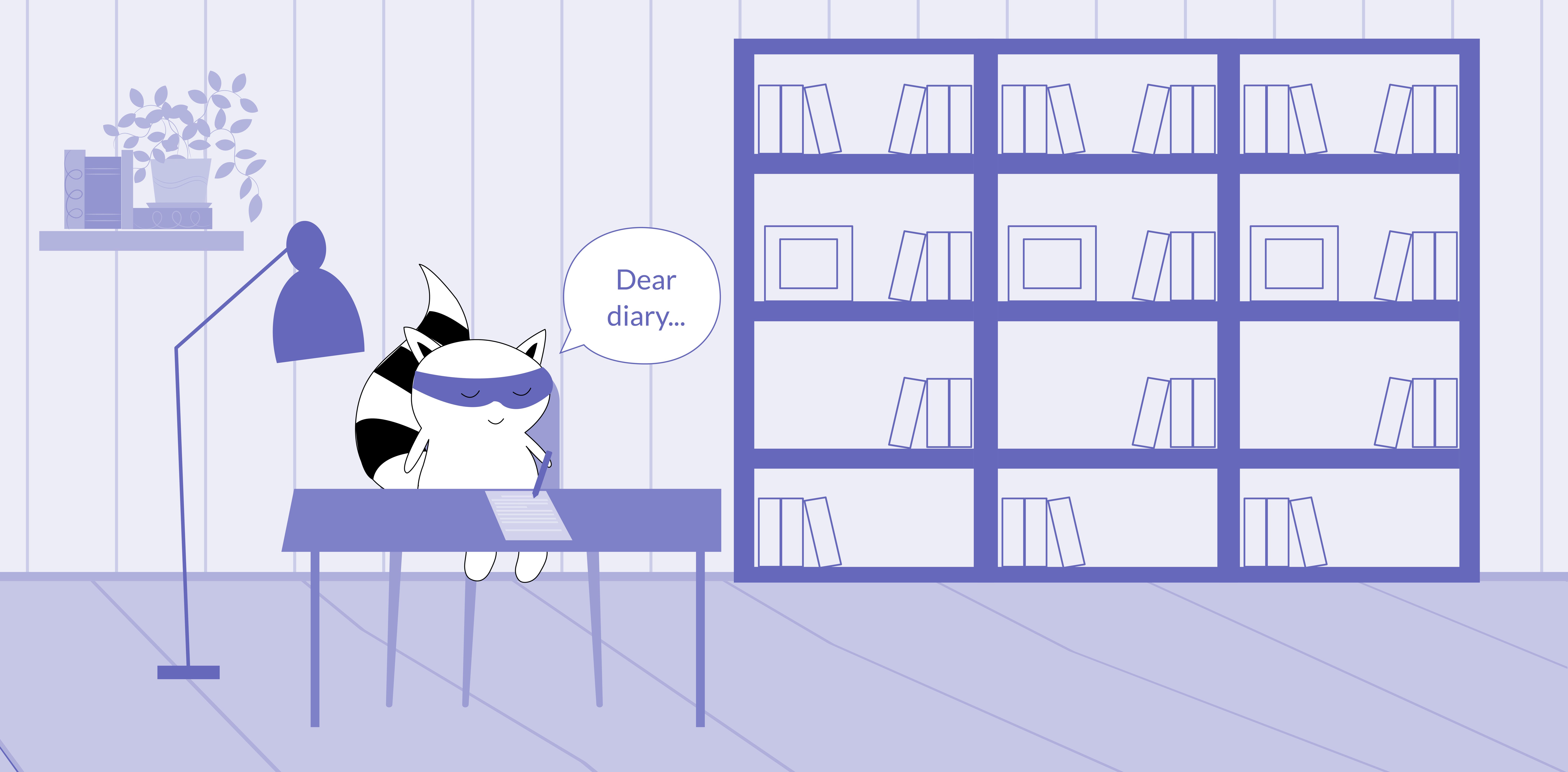 Benji sitting at a desk, writing a journal in English (it can start with “dear diary…”