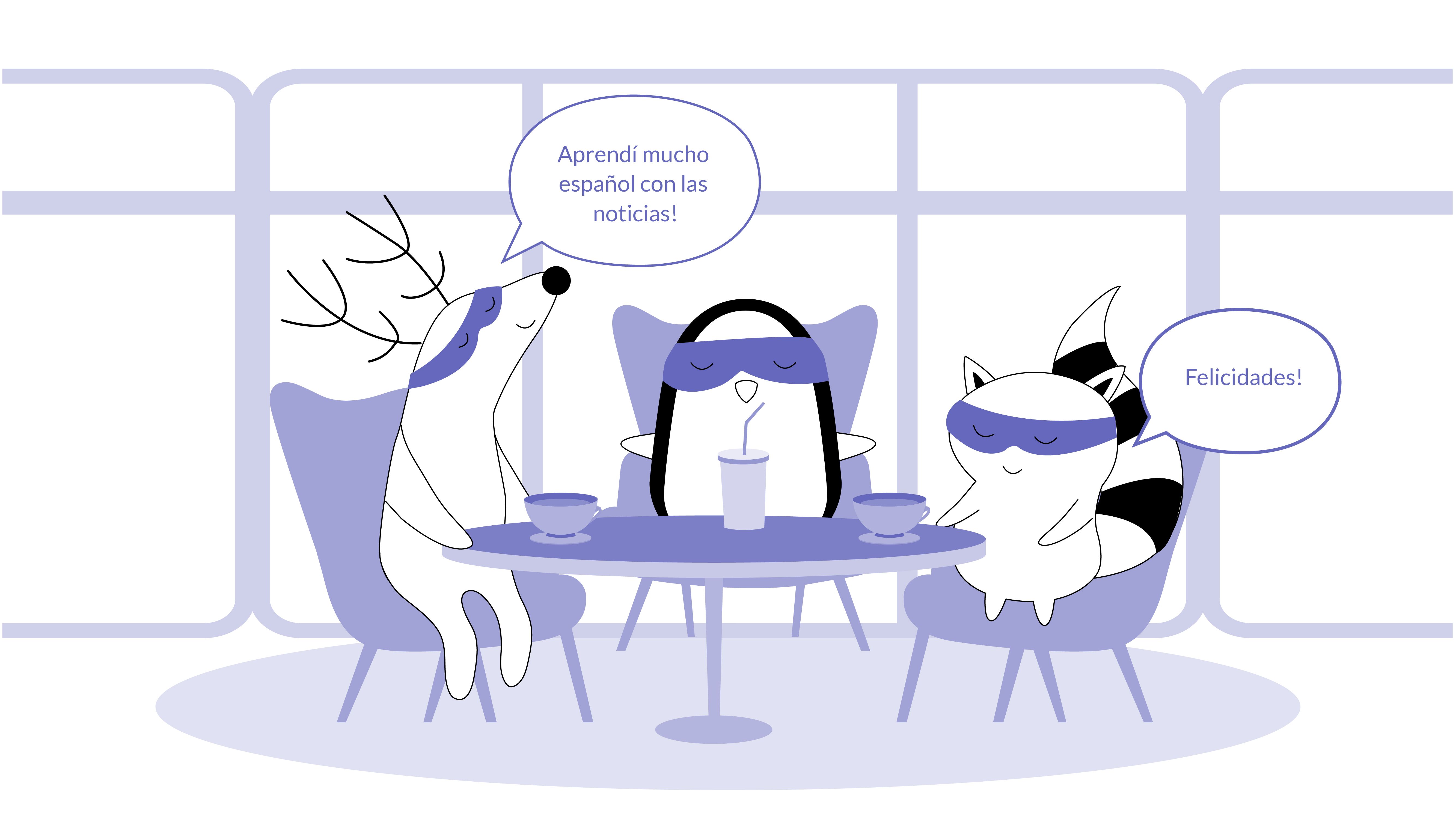 Soren telling Pocky “Aprendí mucho español con las noticias” and Pocky celebrating.