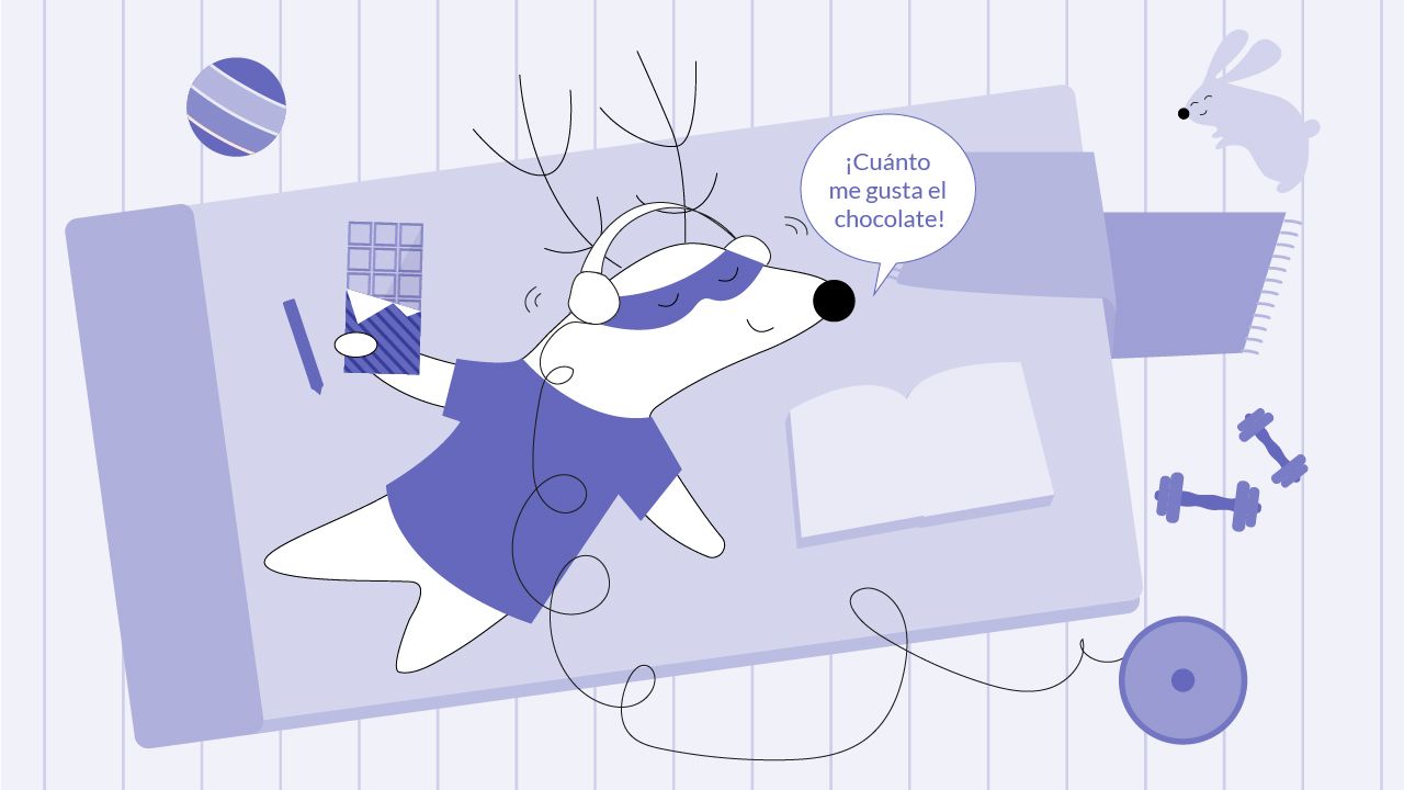 Benji eating chocolates in his bed, exclaiming “¡Cuánto me gusta el chocolate!”