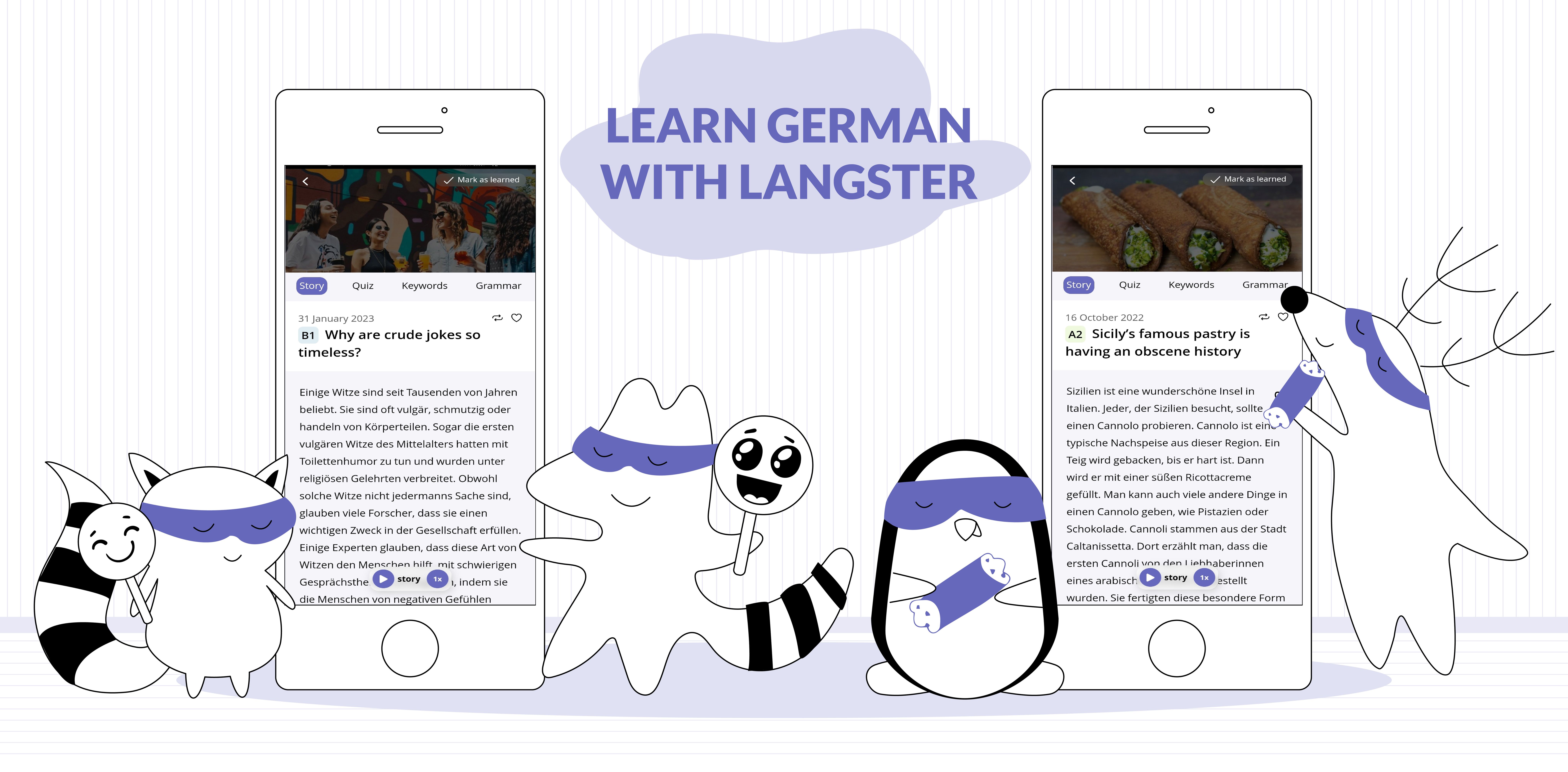 Various characters learning German with an app 