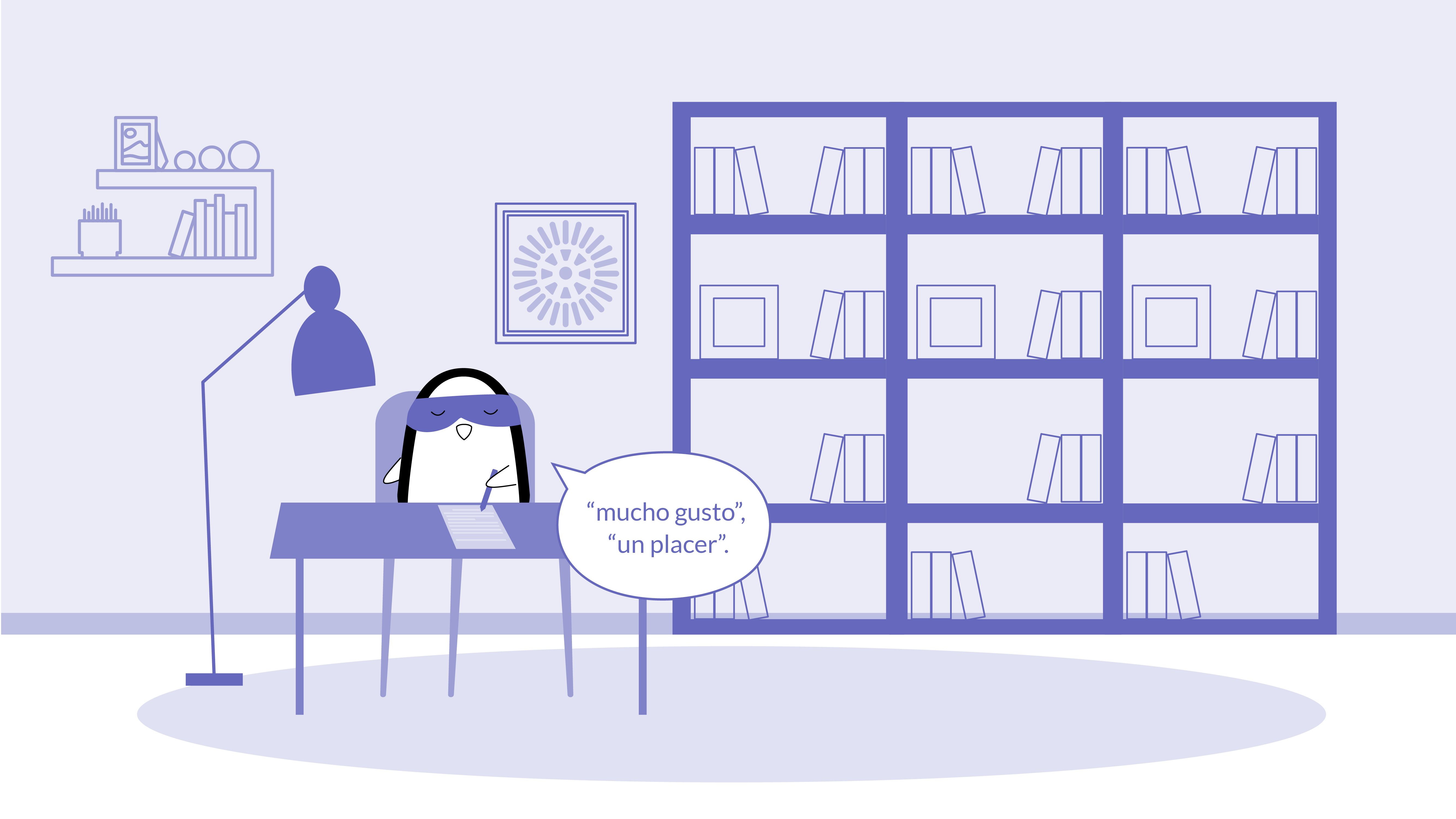 Pocky is studying and writing in his notebook “mucho gusto,” “un placer.”