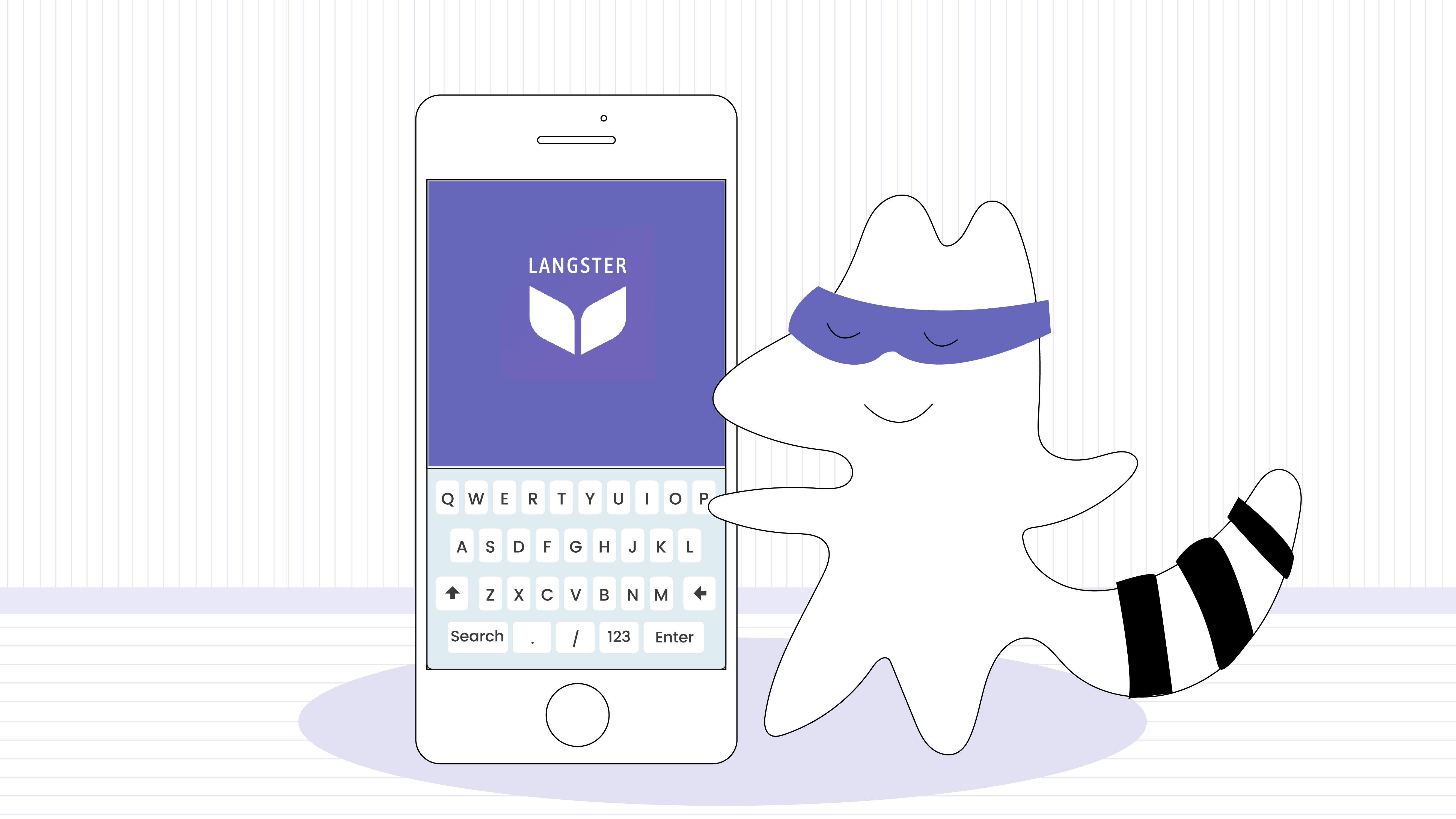 Iggy using her phone to learn English (maybe showing her screen featuring Langster).