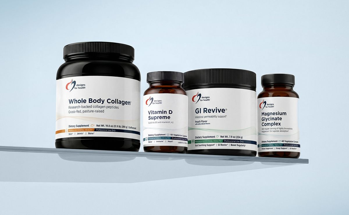 Four bottles of DFH supplements - Whole Body Collagen, Vitamin D Supreme, GI Revive, and Magnesium Glycinate Complex