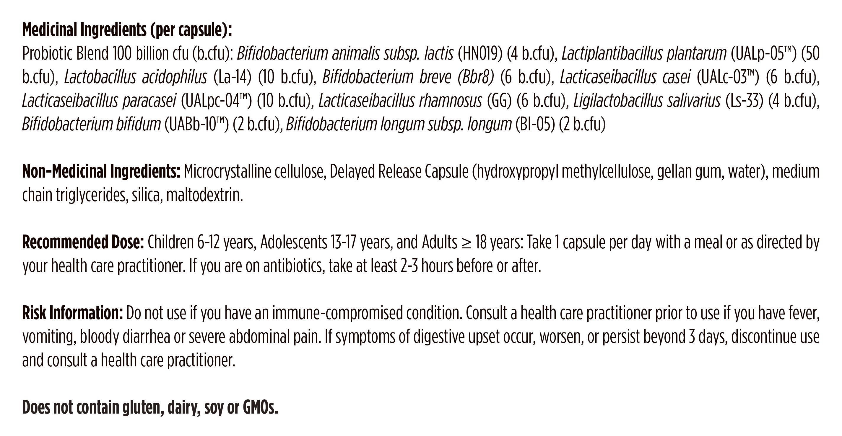 Canadian manufacturer supplement facts for ProbioMed 100