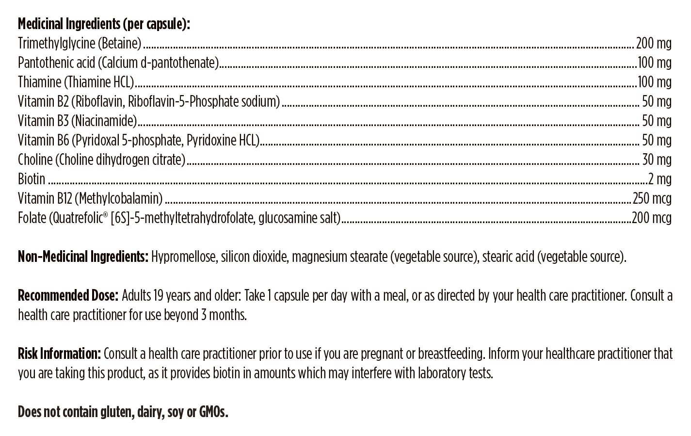 Canadian manufacturer supplement facts for B-Supreme
