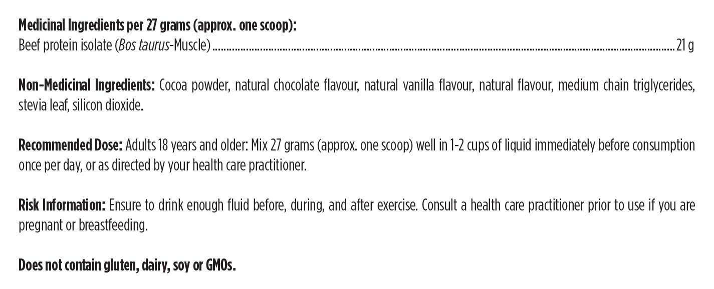 Canadian manufacturer supplement facts for PurePaleo Protein Chocolate 810 g
