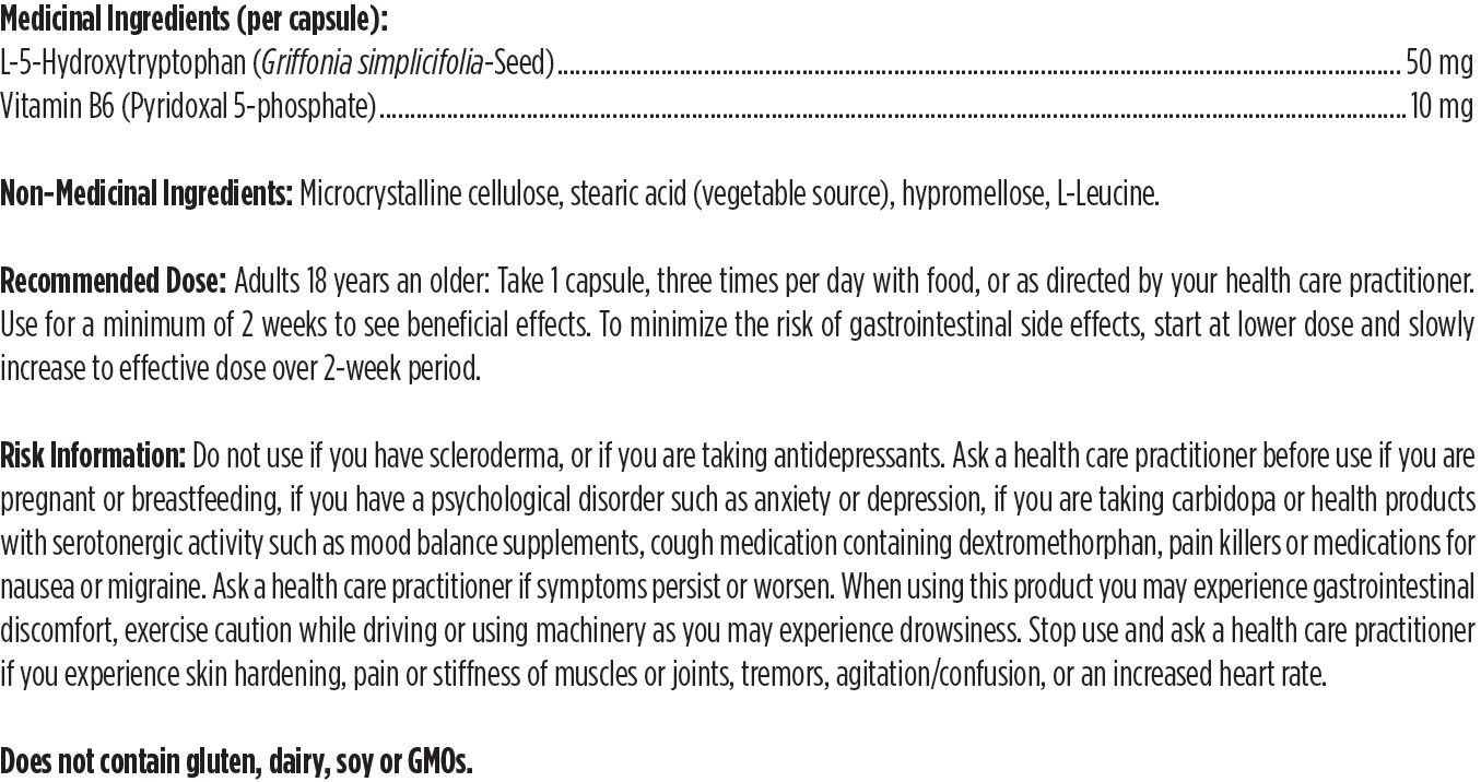 Canadian manufacturer supplement facts for 5-HTP Synergy