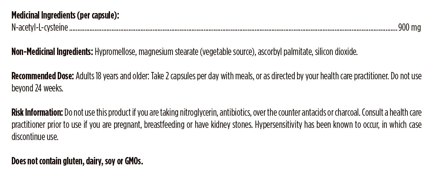 Canadian manufacturer supplement facts for N-Acetyl-Cysteine