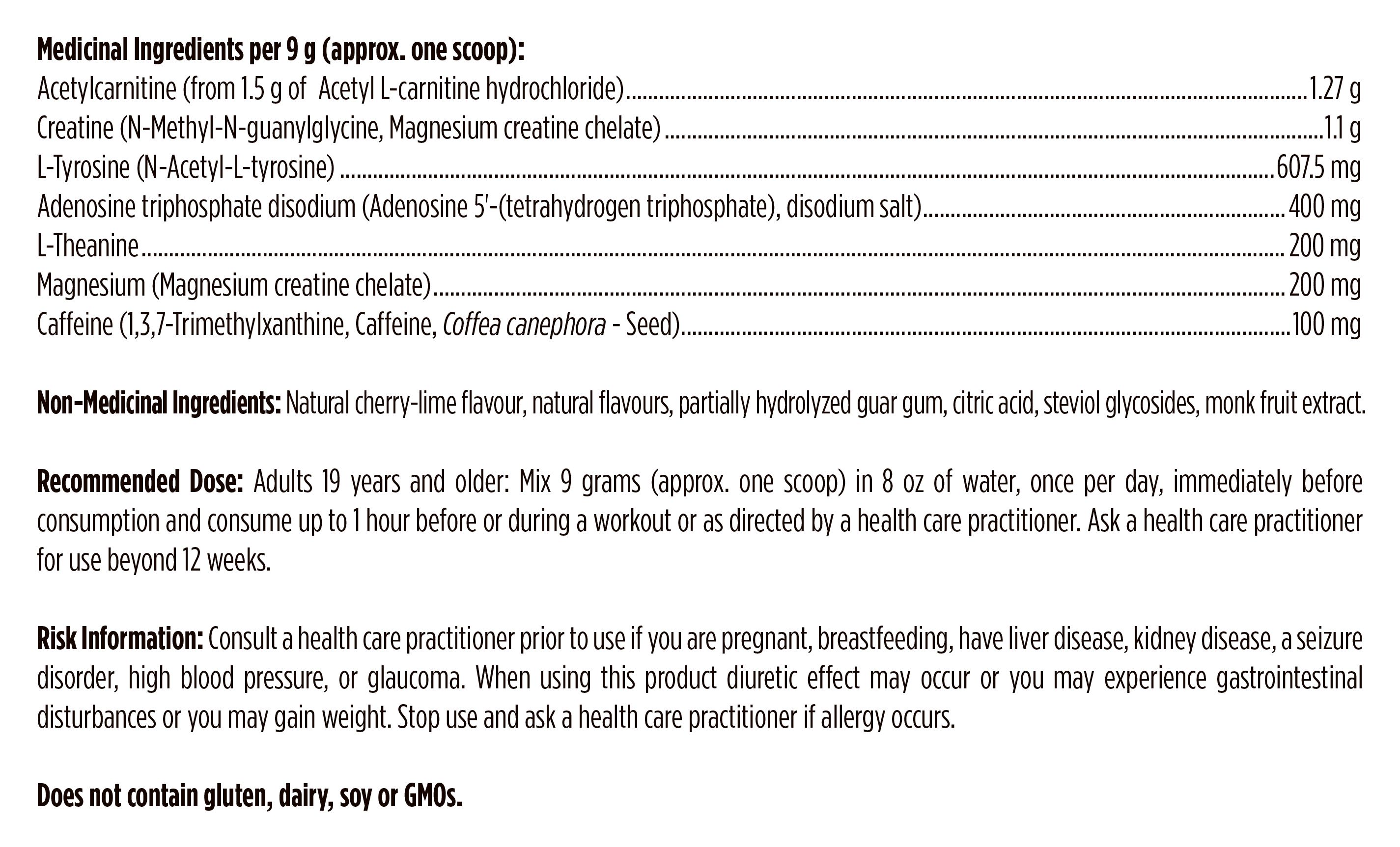 Canadian manufacturer supplement facts for PreTrain NRG Cherry Lime 180 g