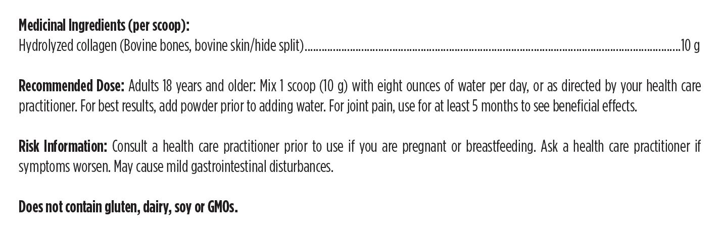 Canadian manufacturer supplement facts for Whole Body Collagen