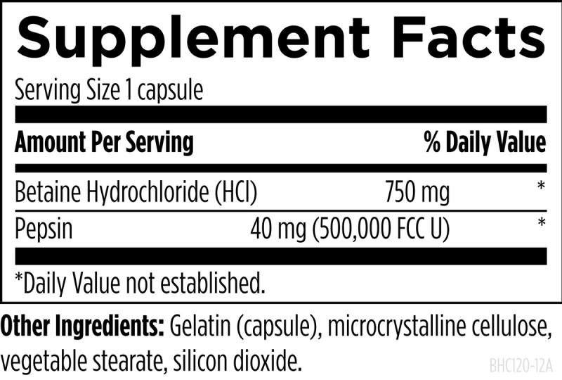 Betaine HCl 120 capsules supplement facts image