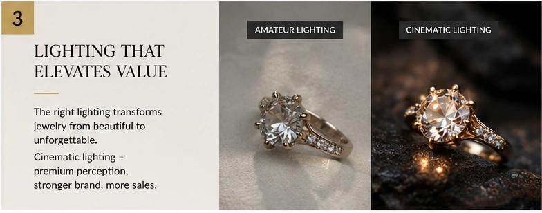 Jewelry lighting comparison showing how cinematic lighting elevates luxury product presentation