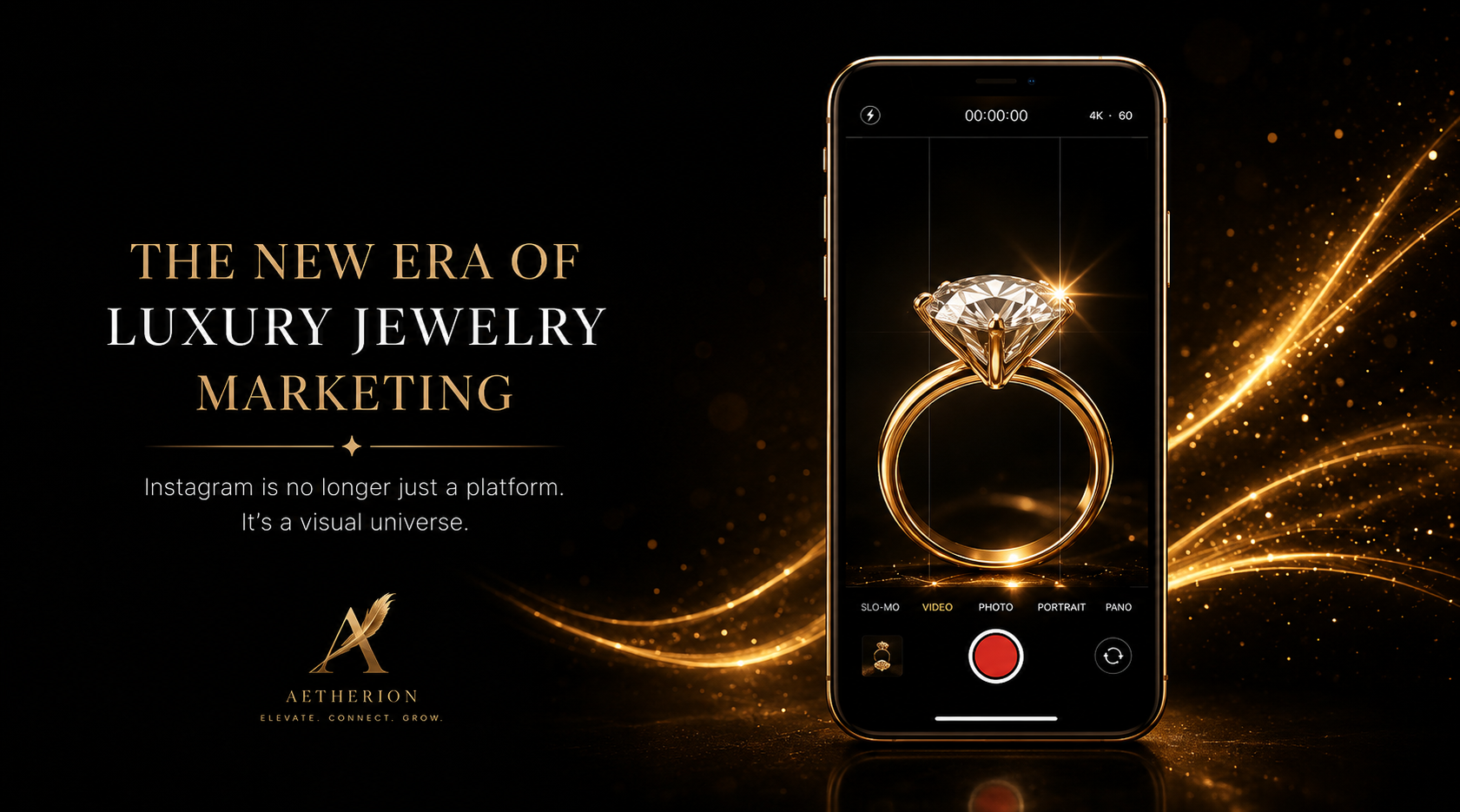 Luxury jewelry Instagram growth system with cinematic black and gold brand atmosphere