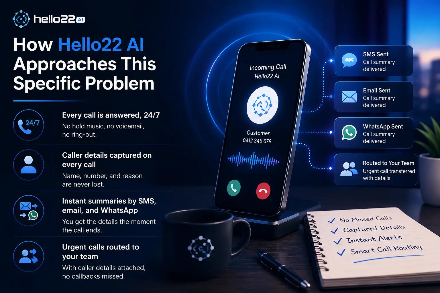 Hello22 AI answering business phone calls automatically to capture leads, assist customers, and reduce missed sales opportunities.