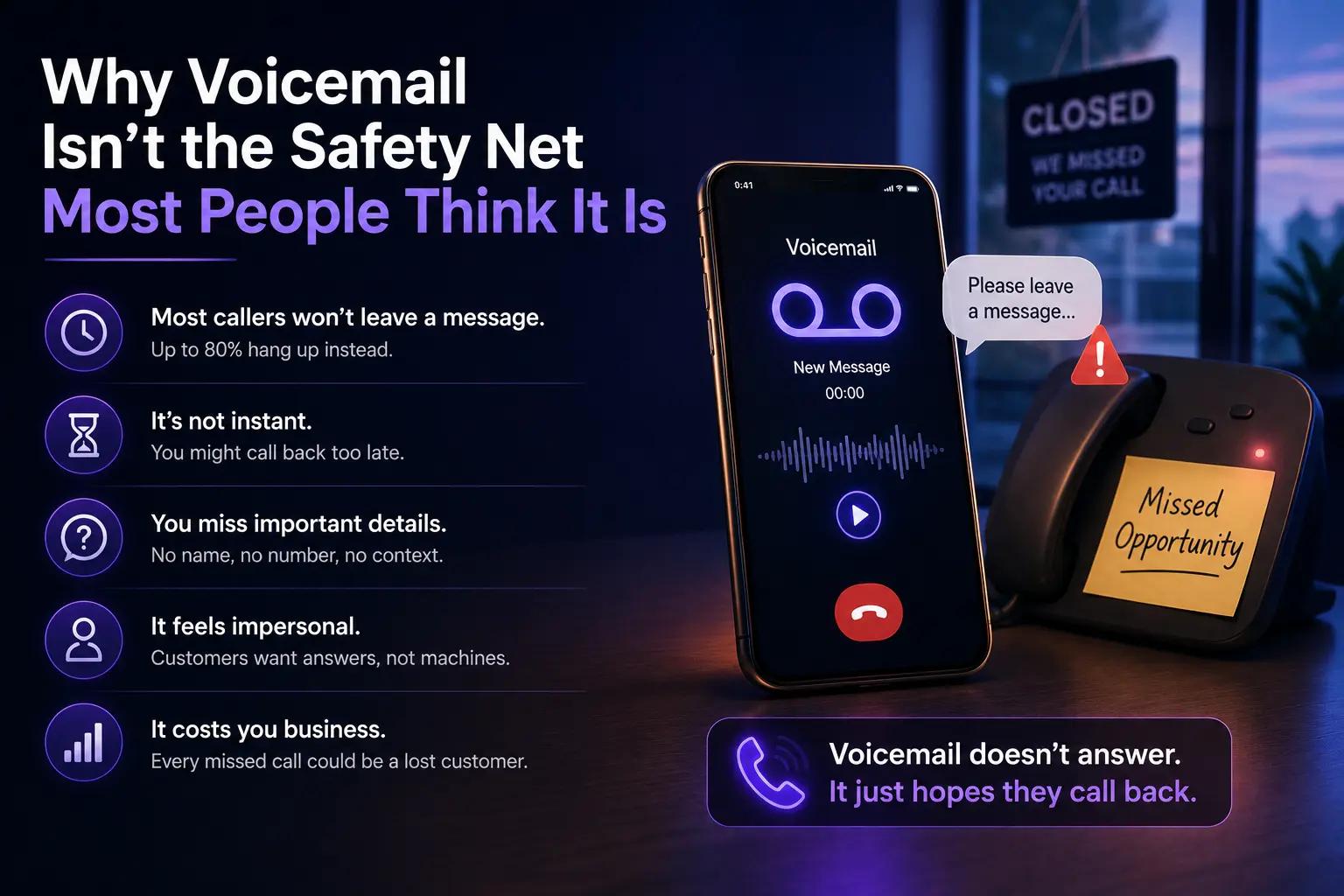 Smartphone displaying a new voicemail notification as a customer hangs up, showing why voicemail alone can lead to missed business opportunities.