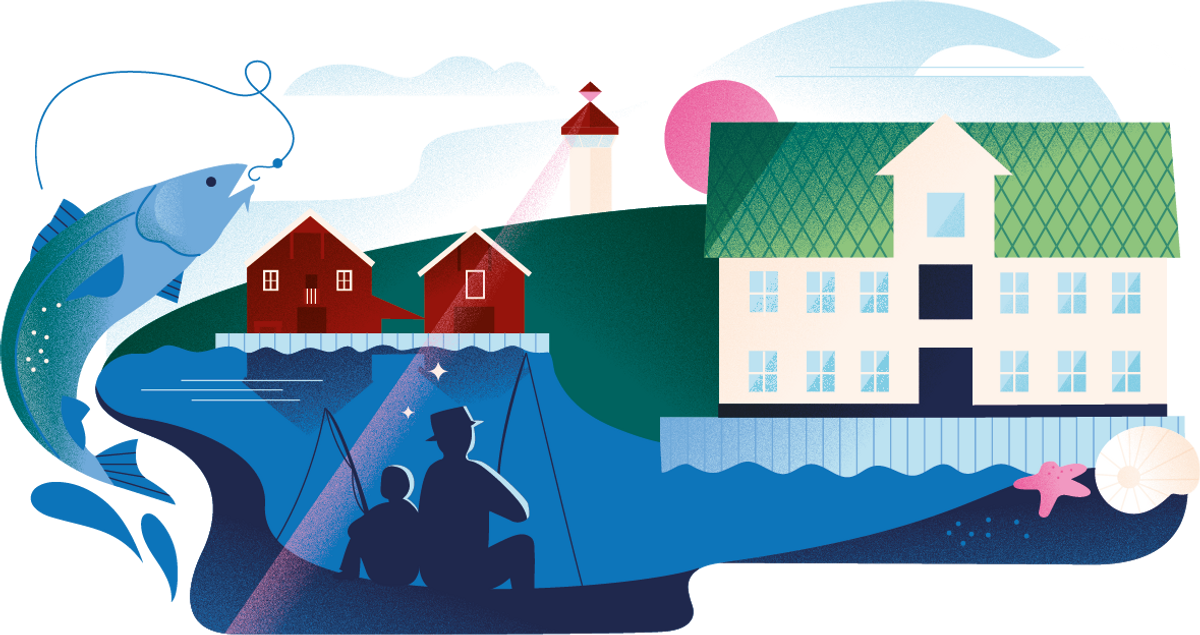 En fargerik illustrasjon av elementer fra Knutholmen: Havna med trehus, et fyrtårn, og et par som er ute og fisker