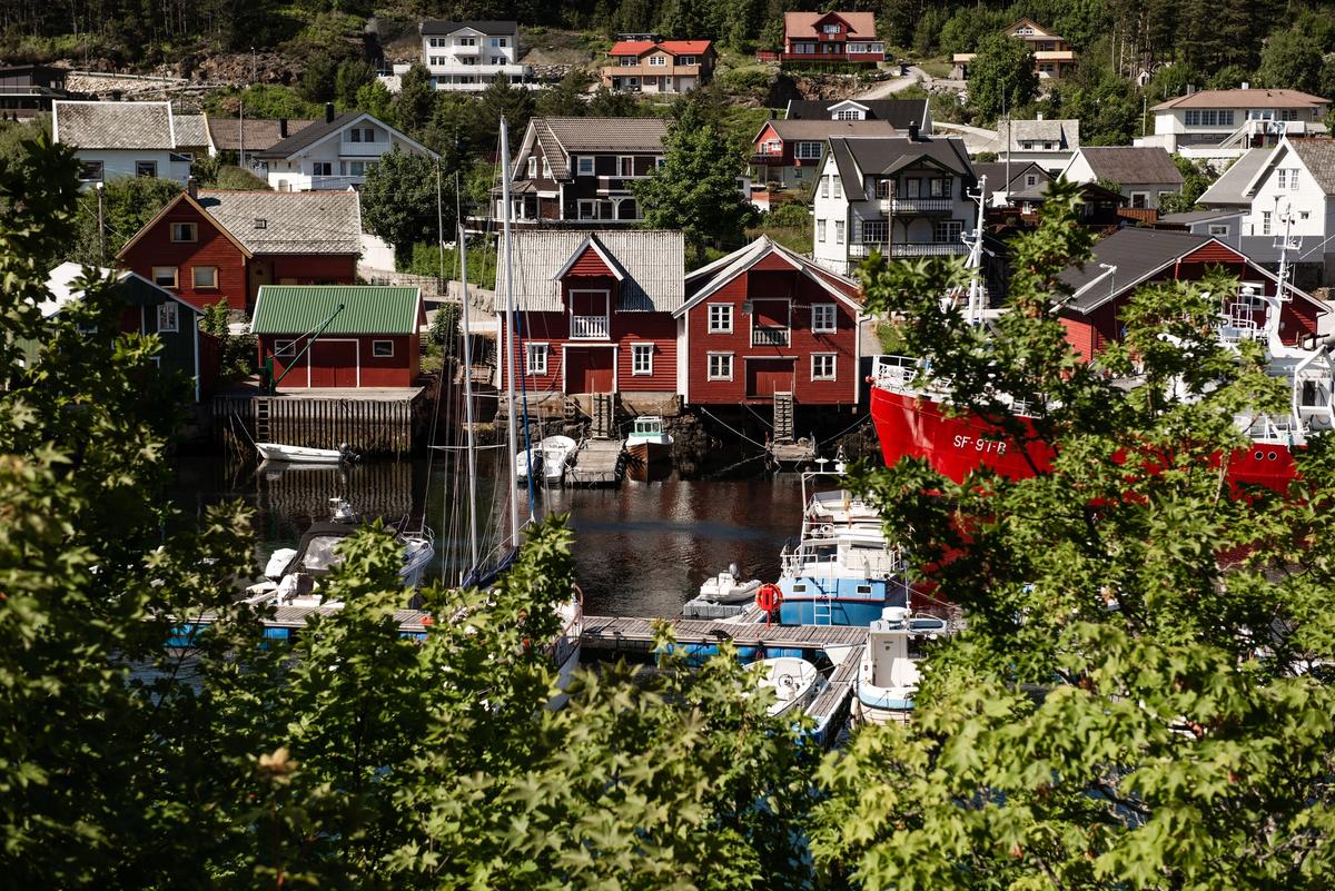 Picture from above overlooking green tree crowns, a harbor and red fishing cabins. 
