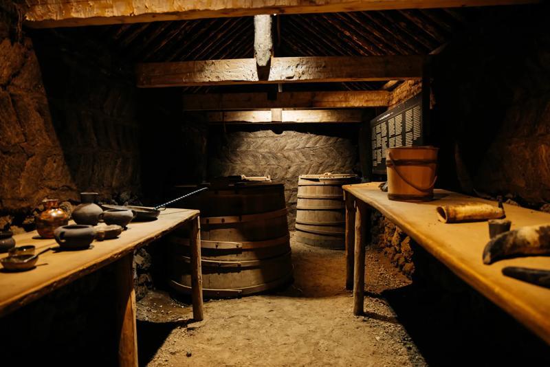 A dimly lit, rustic cellar with wooden tables, barrels, and old pottery and tools.