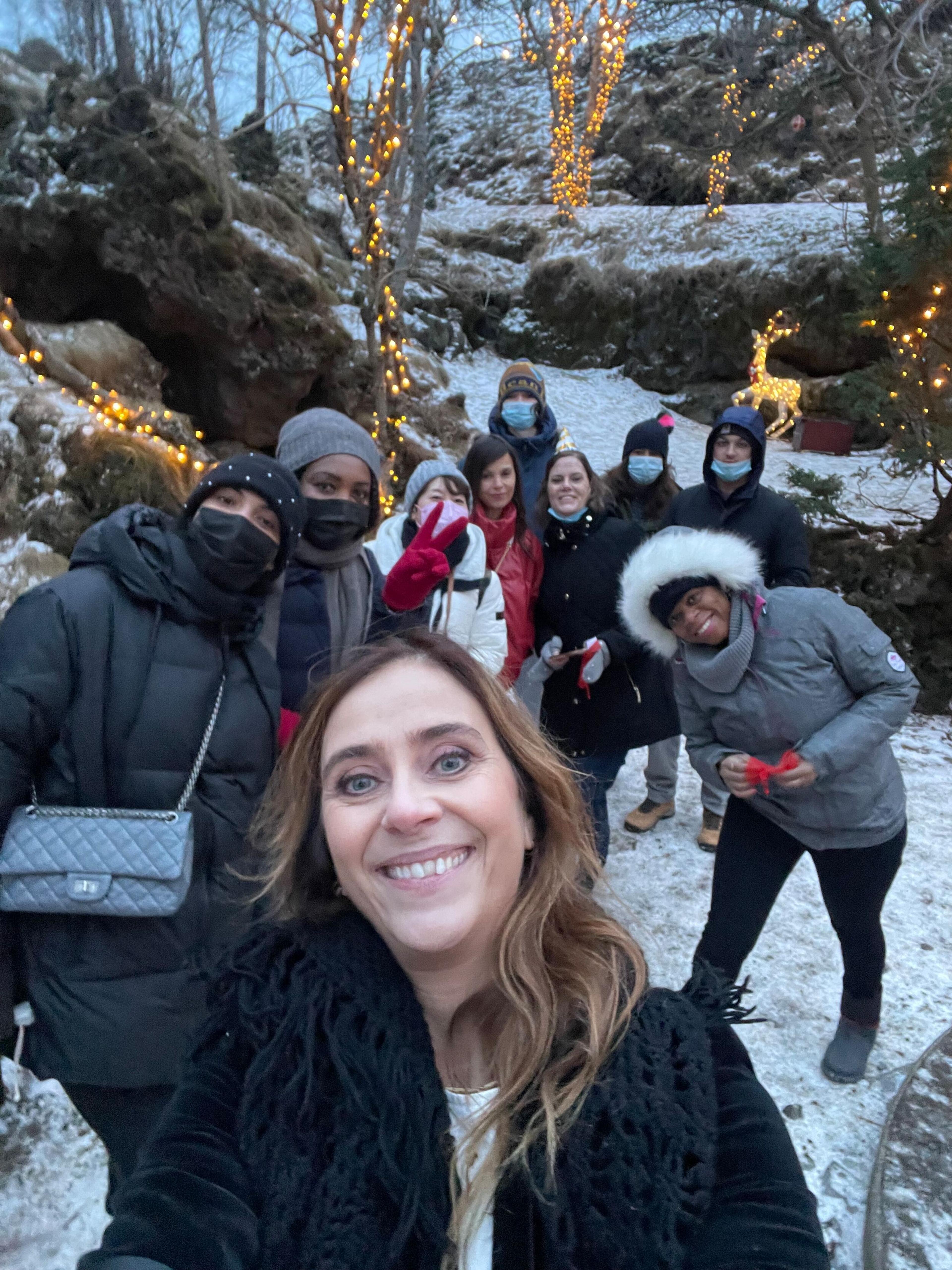 A group of people in winter clothes pose for a selfie in a snowy landscape lit by string lights.