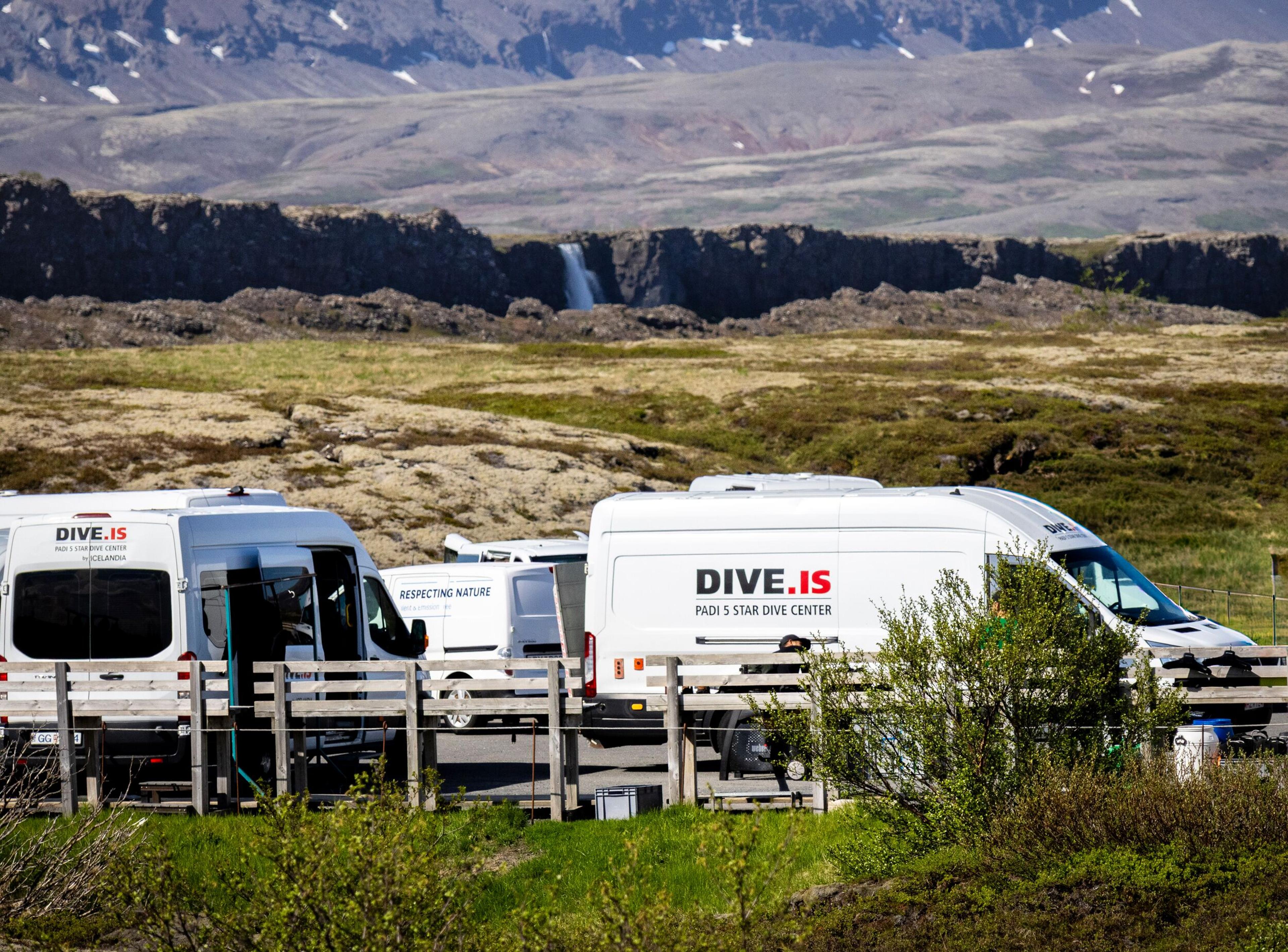 White DIVE.IS vans parked in a natural landscape with a waterfall in the distance.