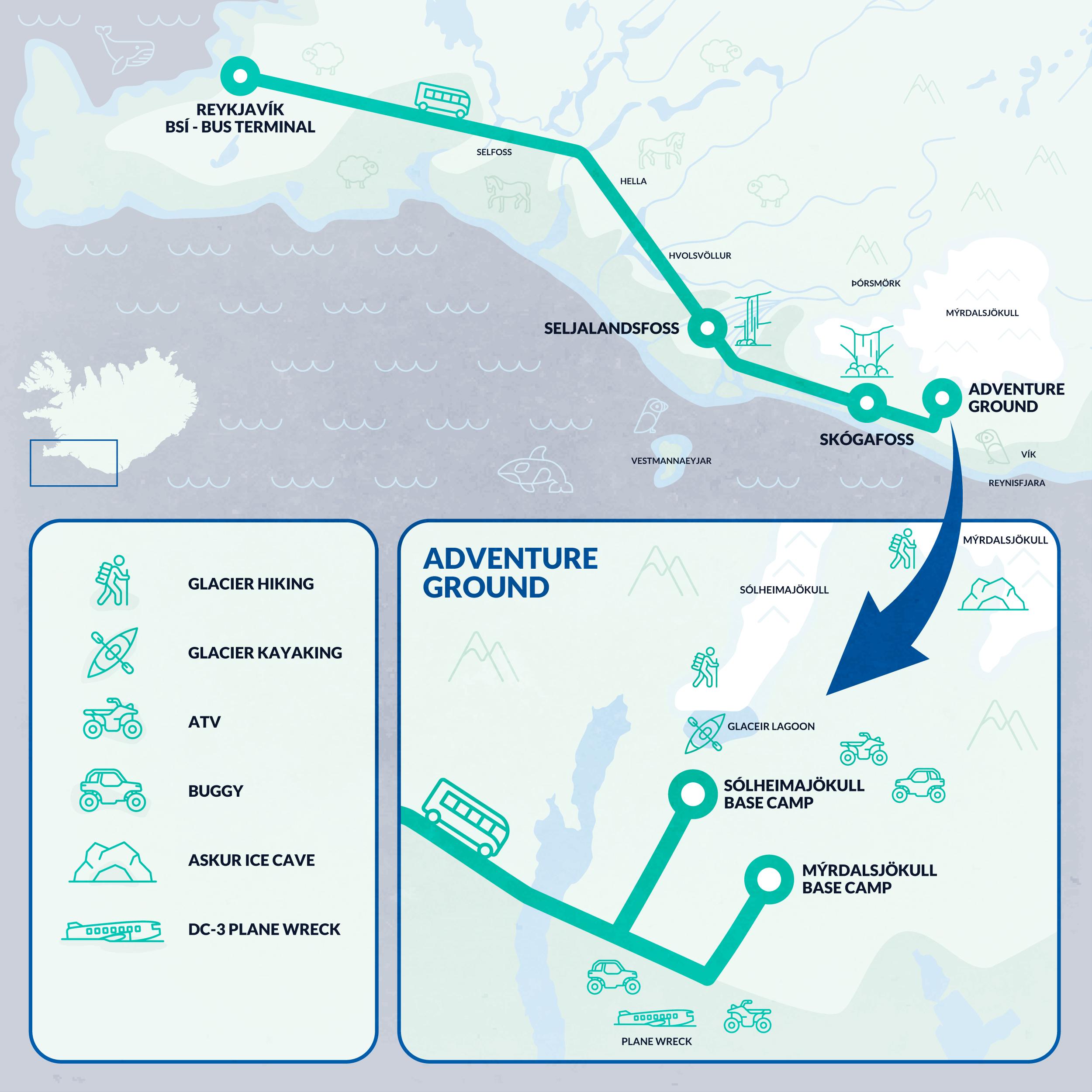 a map of the adventure ground in iceland