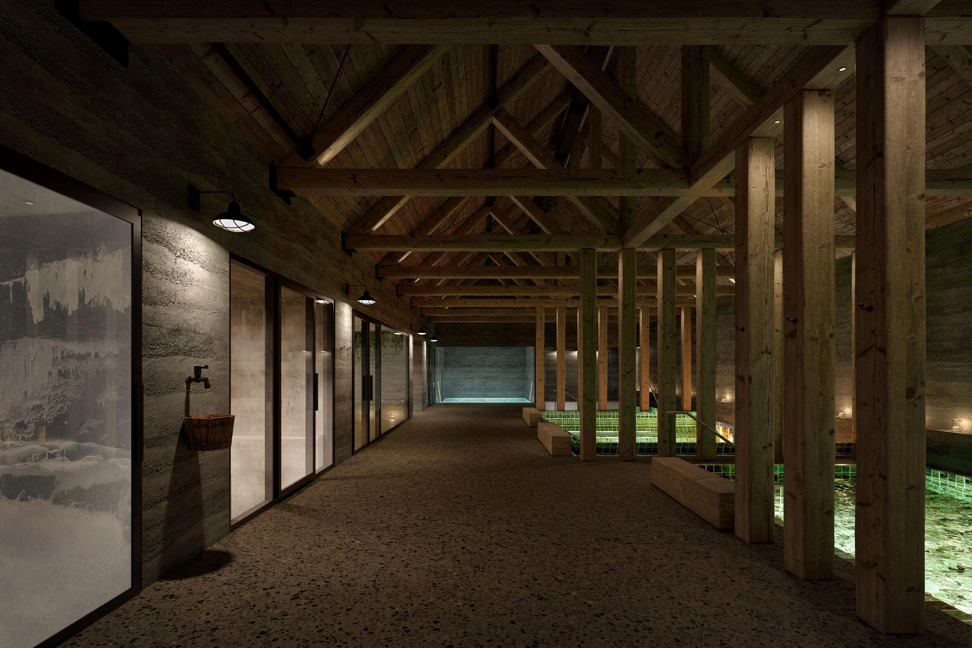 Rustic indoor spa with exposed wooden beams, concrete walls, and green-lit pools.