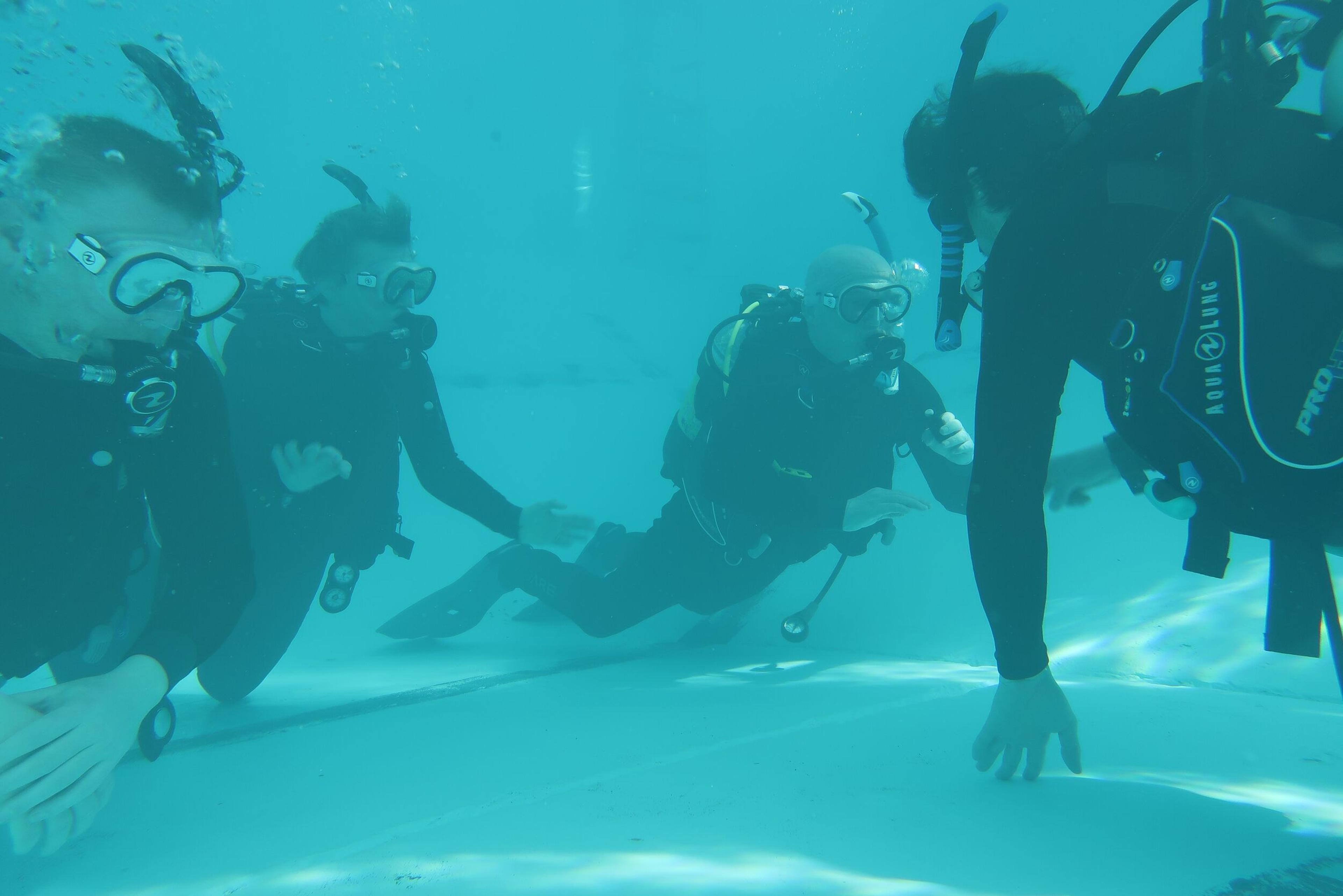 Four people scuba diving in a pool.