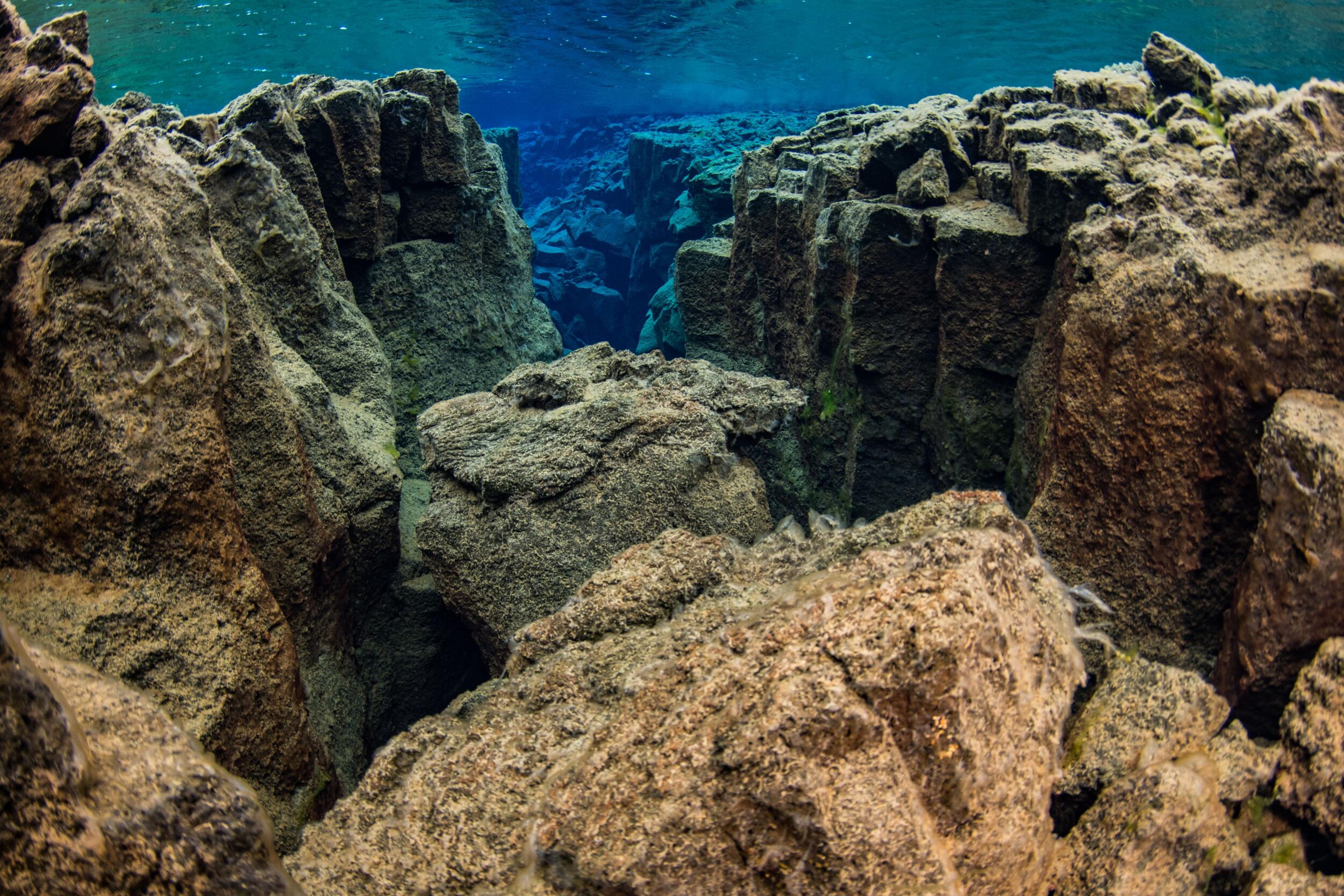 Underwater rocky fissure with clear blue water.