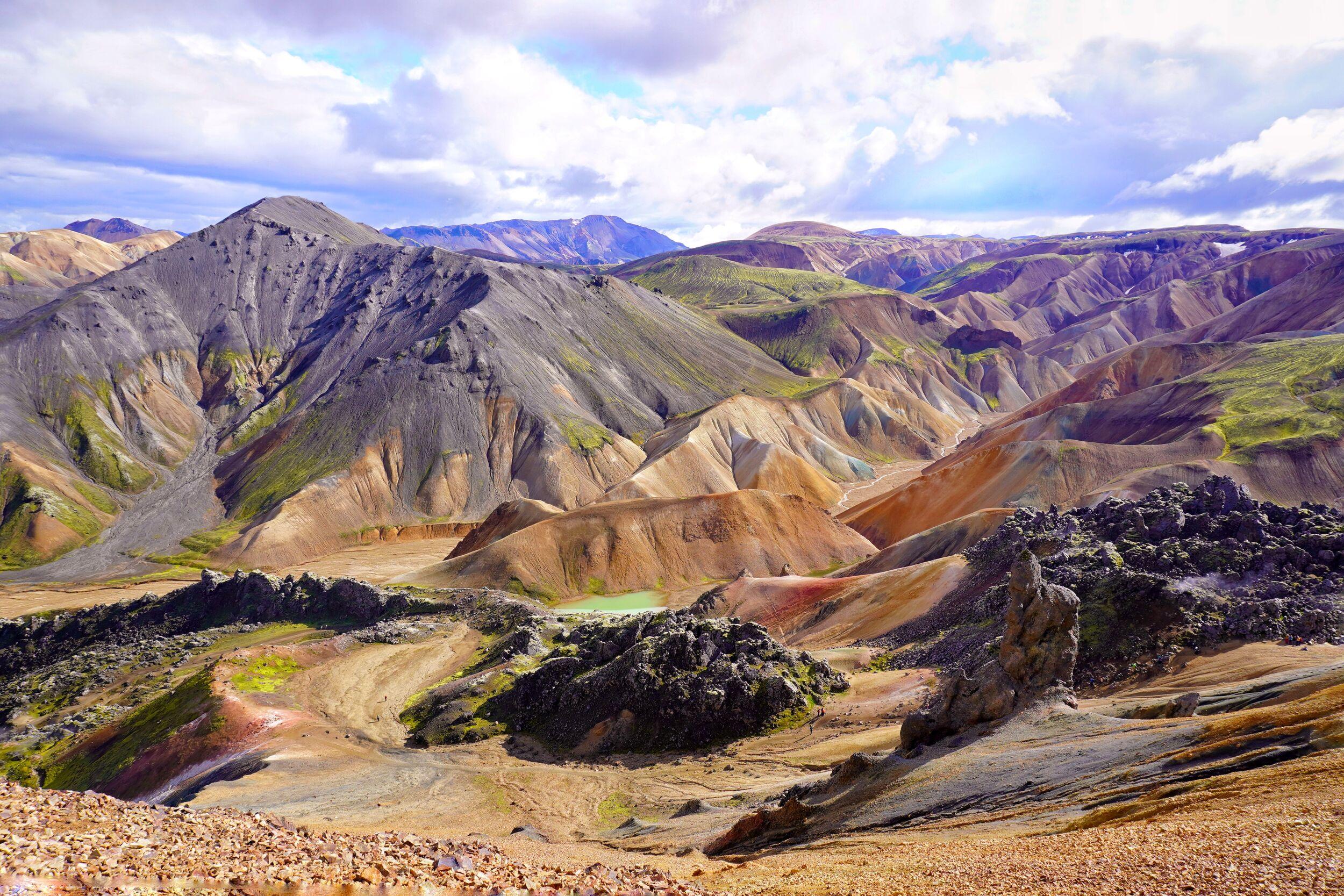 Multicolored volcanic landscape with a small green lake under a cloudy sky.