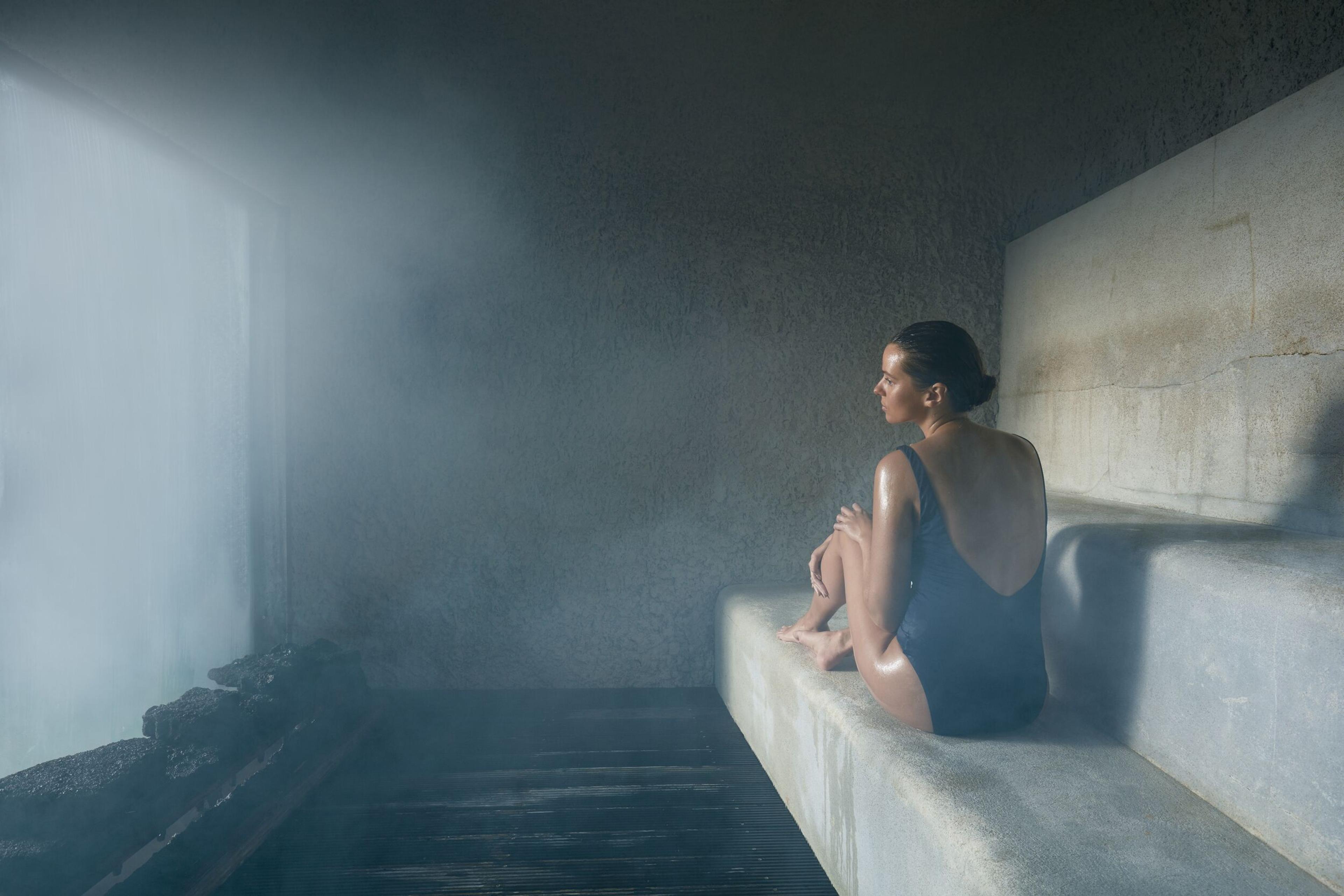 Woman relaxing at the sauna in Blue Lagoon, Iceland.