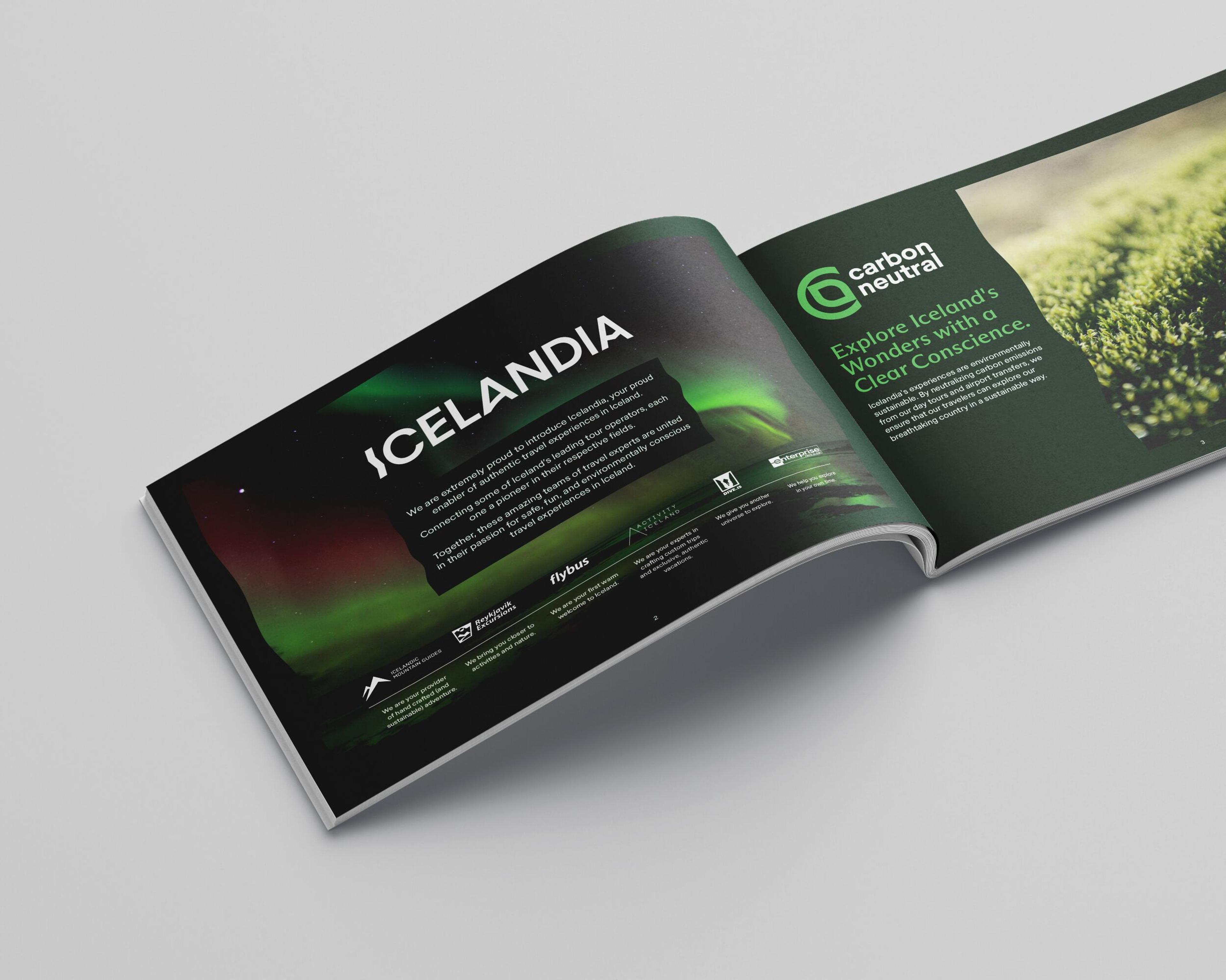 Open Icelandia brochure displaying Northern Lights imagery and text about carbon-neutral travel in Iceland