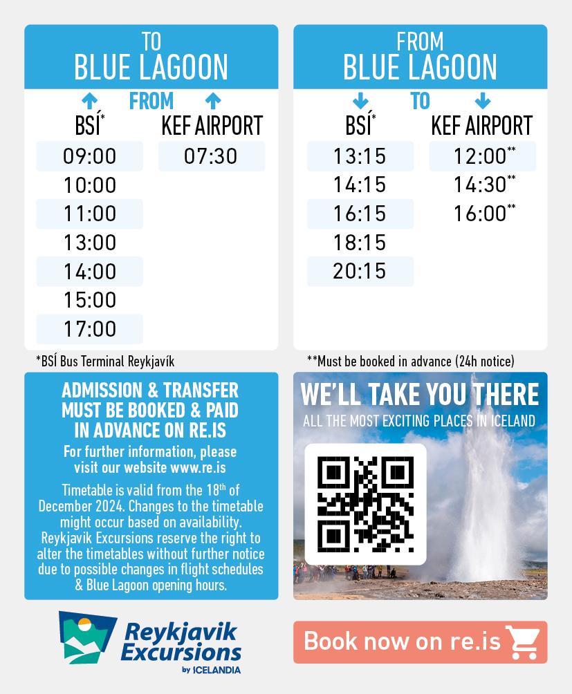 Bus transfer schedule for trips to and from the Blue Lagoon, featuring departure times, a QR code for booking, and Reykjavik Excursions branding at the bottom.