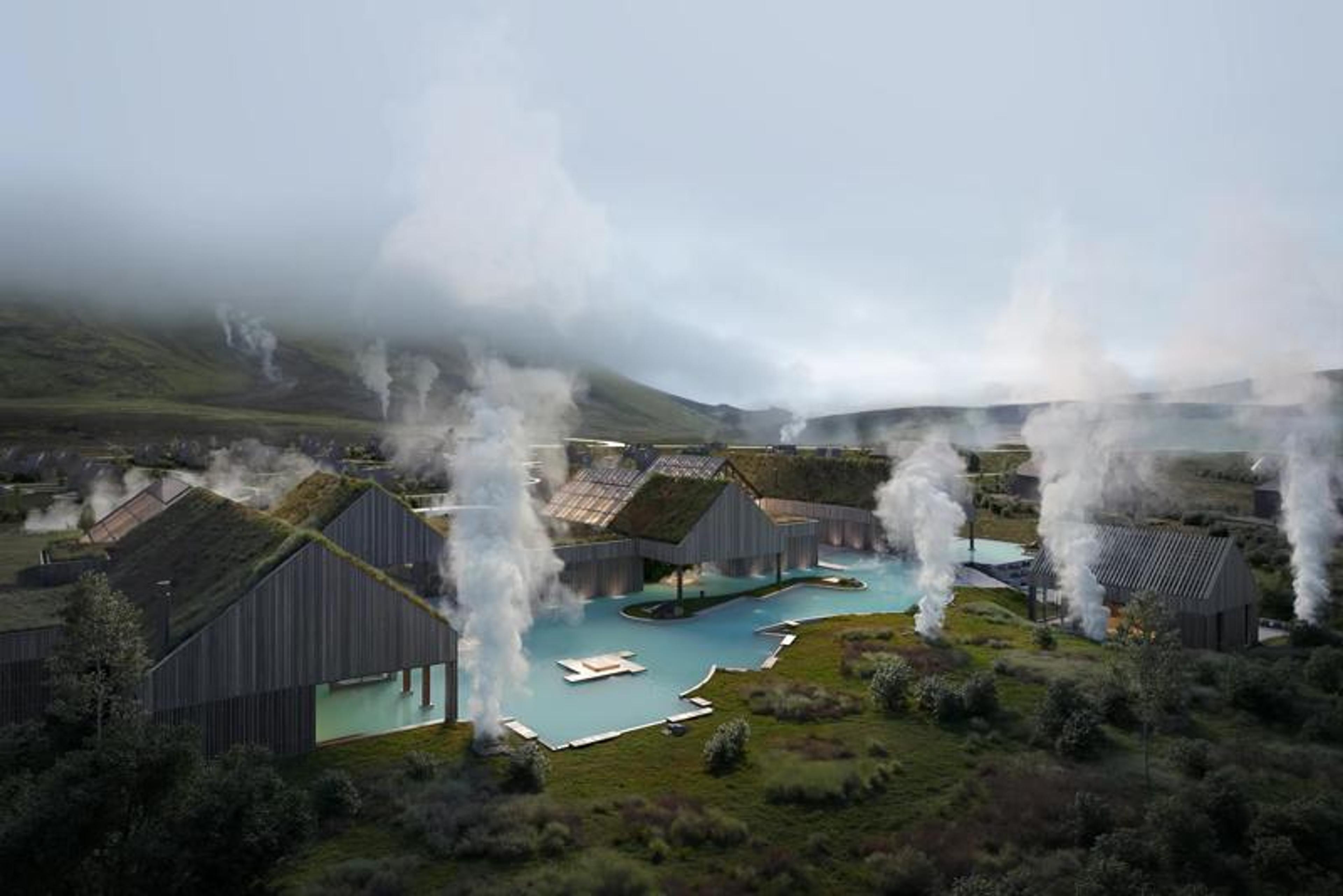 Aerial view of a geothermal resort featuring wooden buildings with grass roofs, light blue pools, and rising steam.
