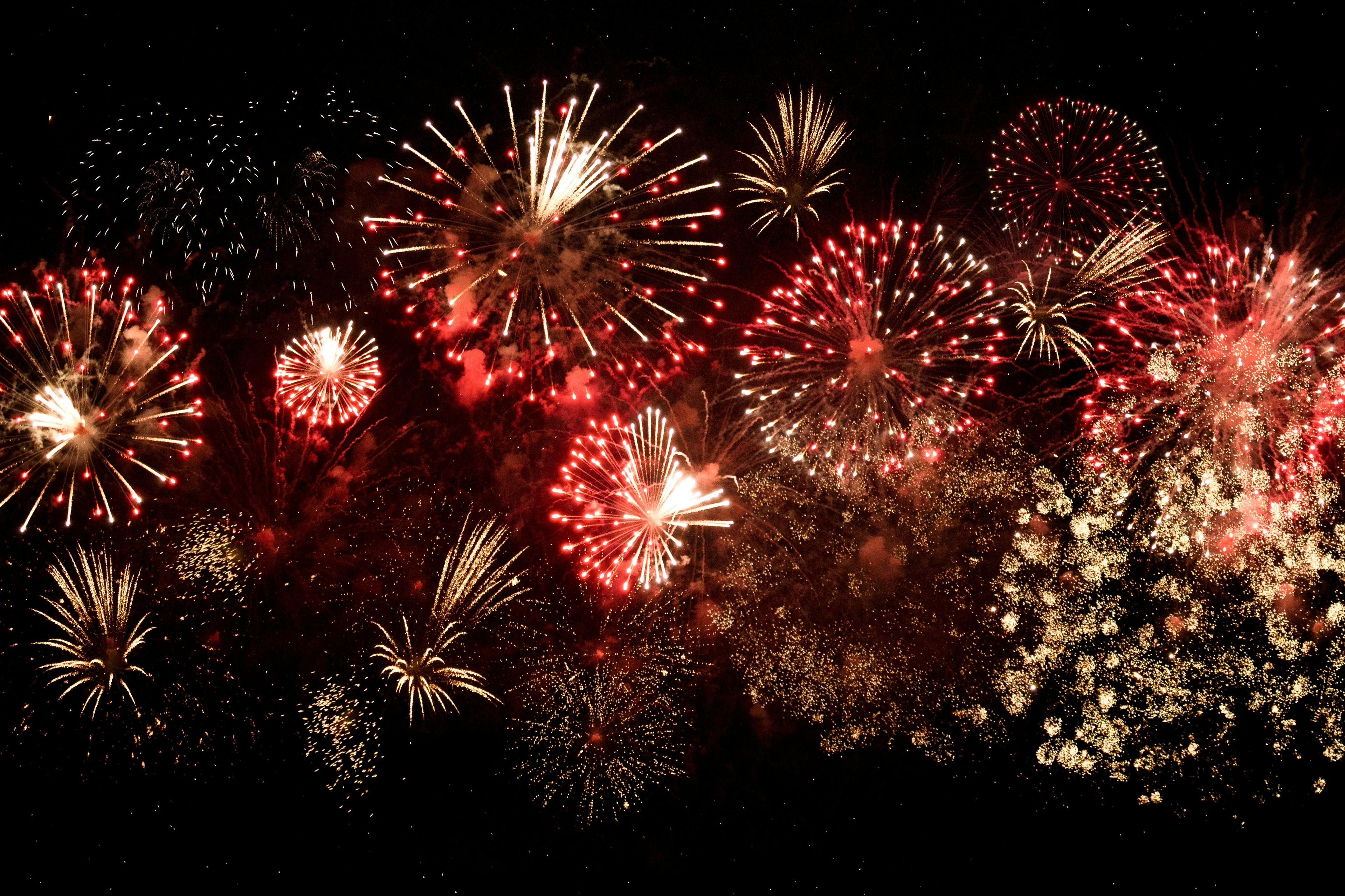 A vibrant display of fireworks exploding in the night sky, featuring bursts of red, gold, and white, creating a festive and celebratory atmosphere.