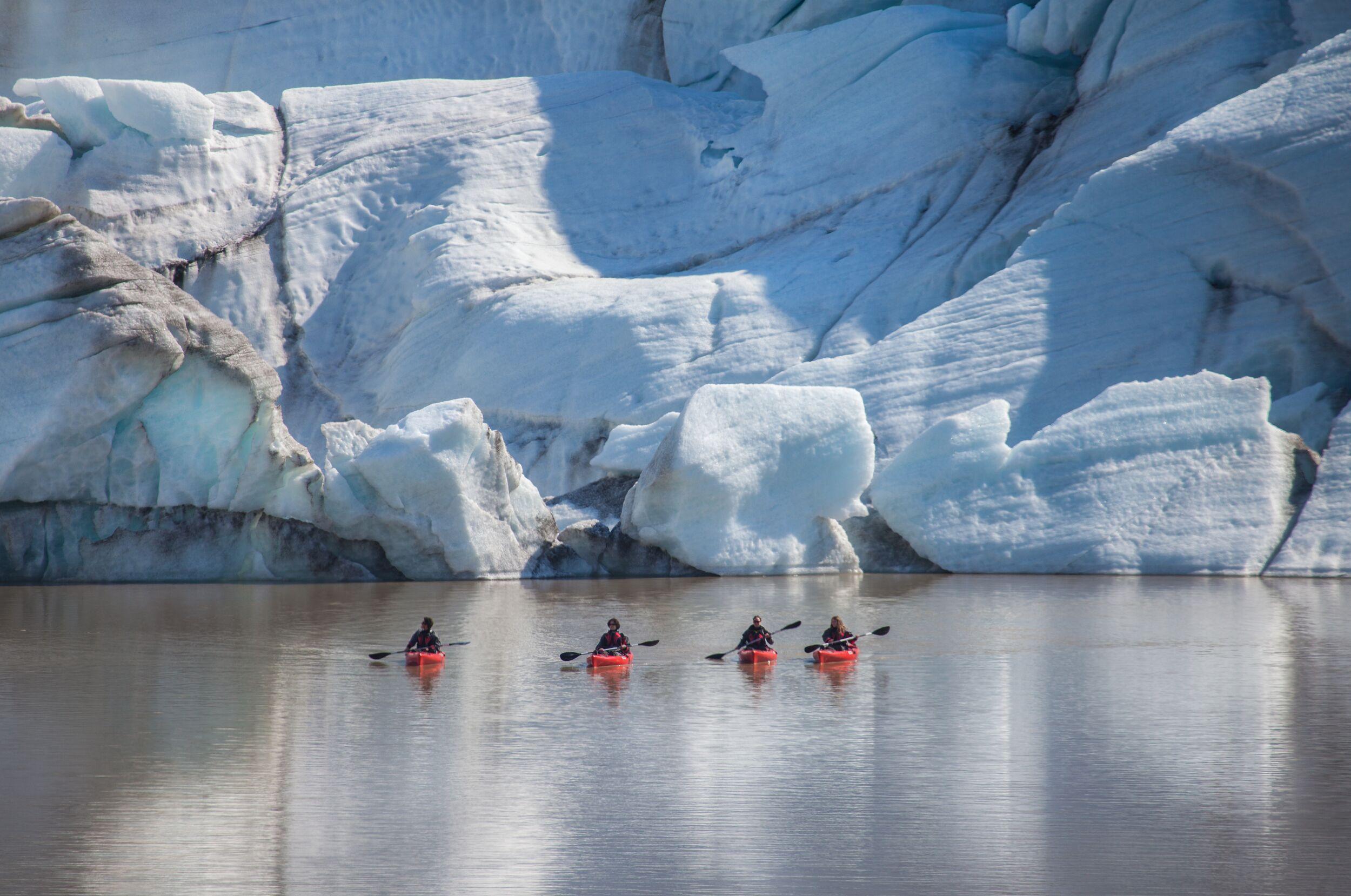 Four kayakers in orange kayaks paddling near large blue glaciers in Iceland.