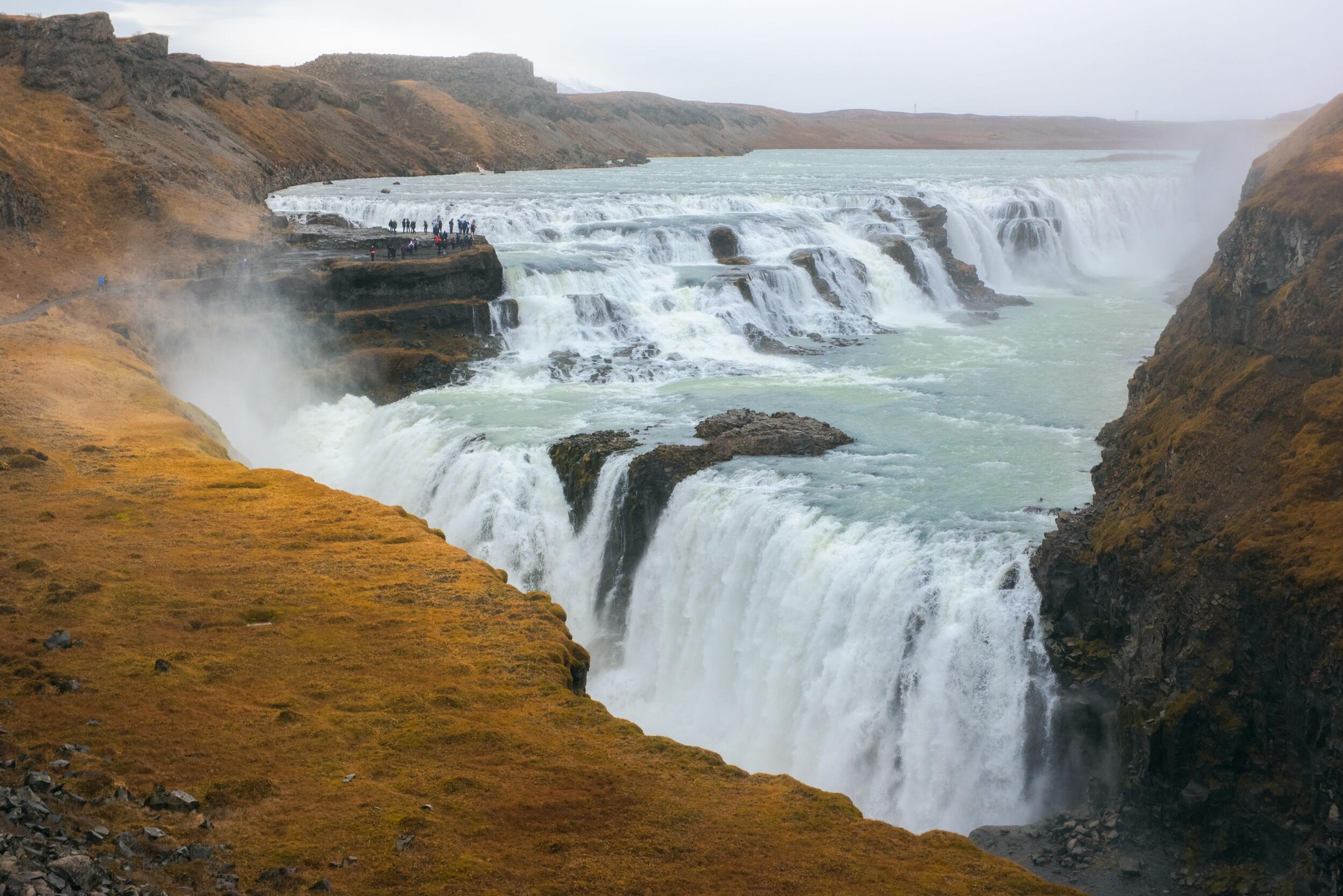The iconic Gullfoss Waterfall in Iceland, viewed from a distance, with cascades of white water flowing over rugged cliffs, flanked by yellowed grasses and enveloped in mist, under an overcast sky, symbolizing the raw beauty of the Golden Circle.