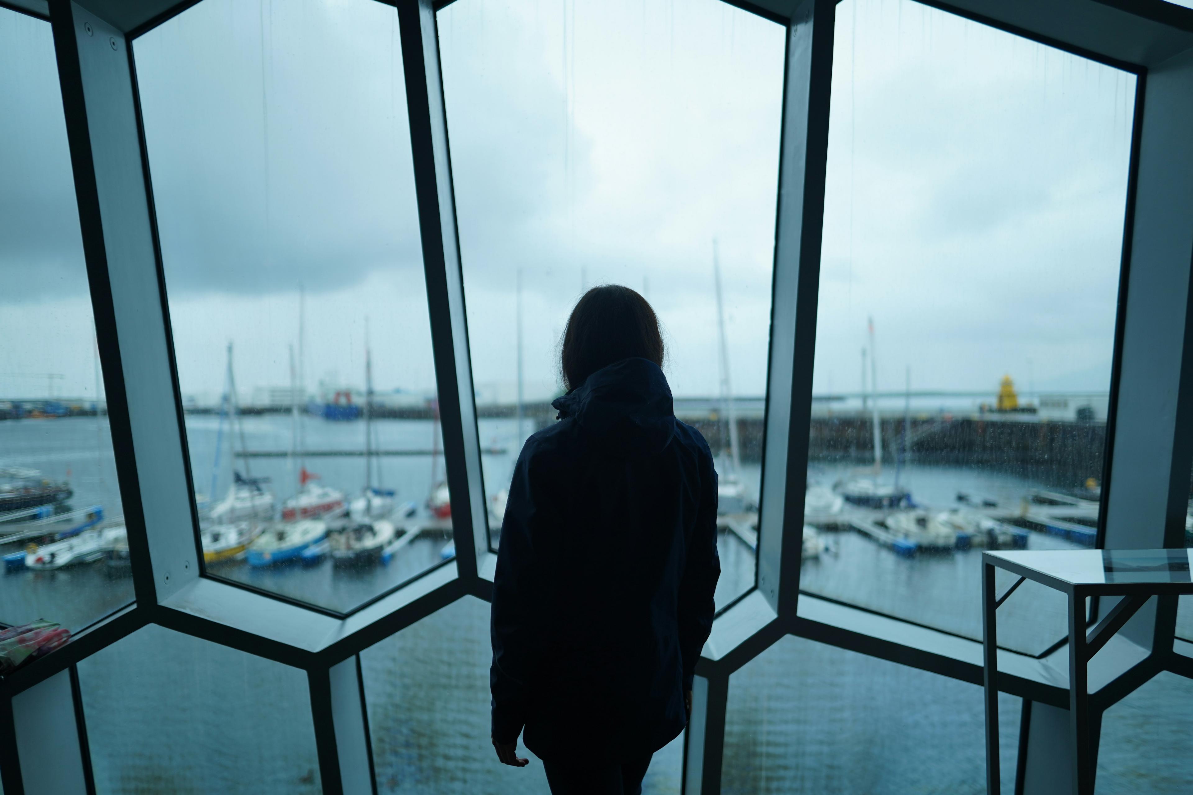 Person looking out from Harpa Concert Hall's geometric windows at a marina with boats in Reykjavík, Iceland.