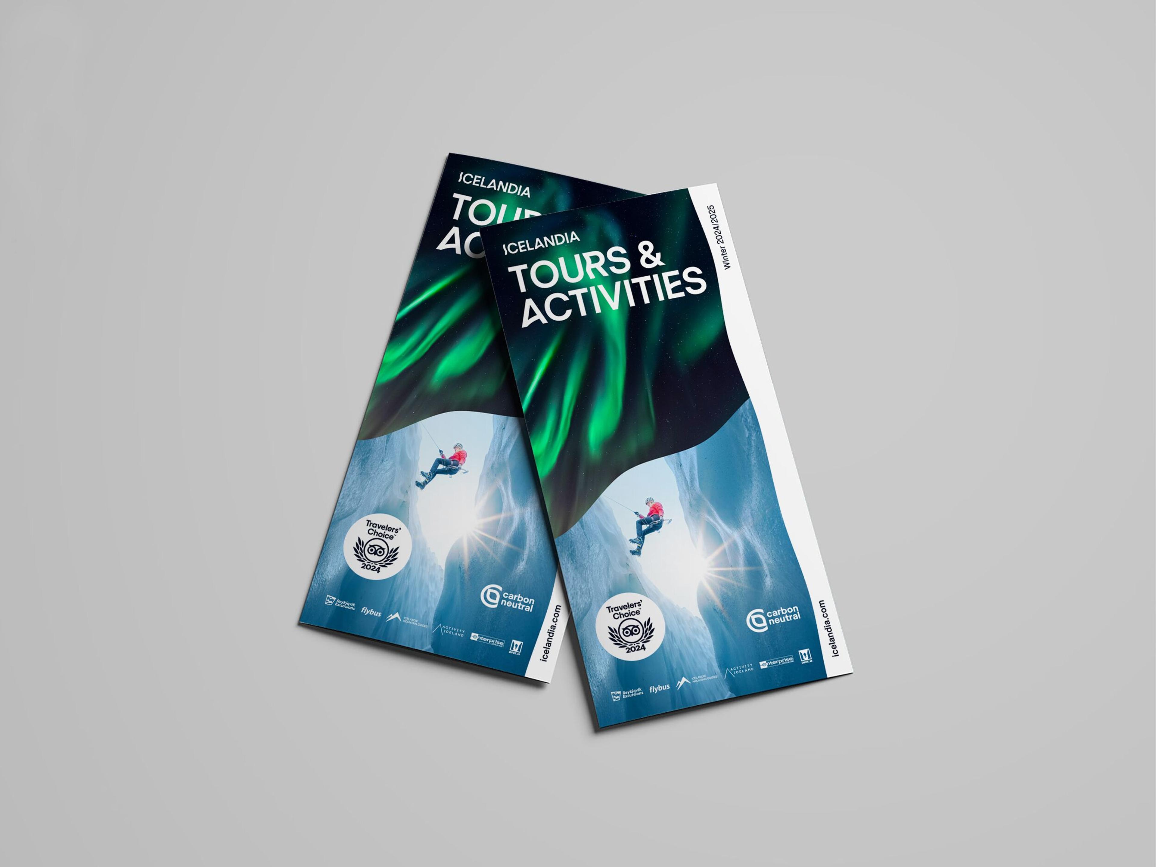 The image shows two Icelandia brochures titled "Tours & Activities," featuring striking visuals of the Northern Lights and an ice-climber in action.